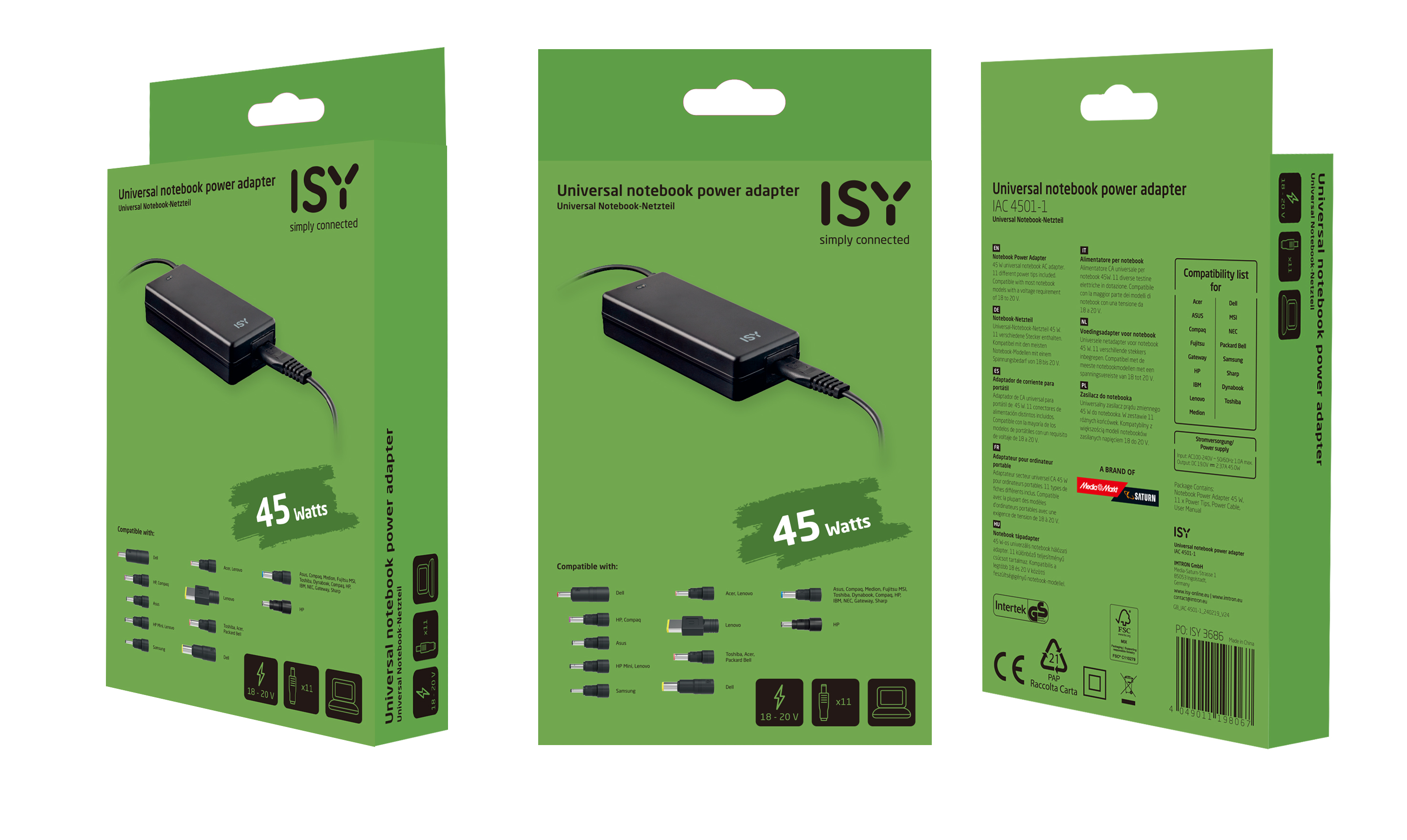 Uniwersalny zasilacz ISY 45W do notebooka z 11 końcówkami i kablami, kompatybilny.
