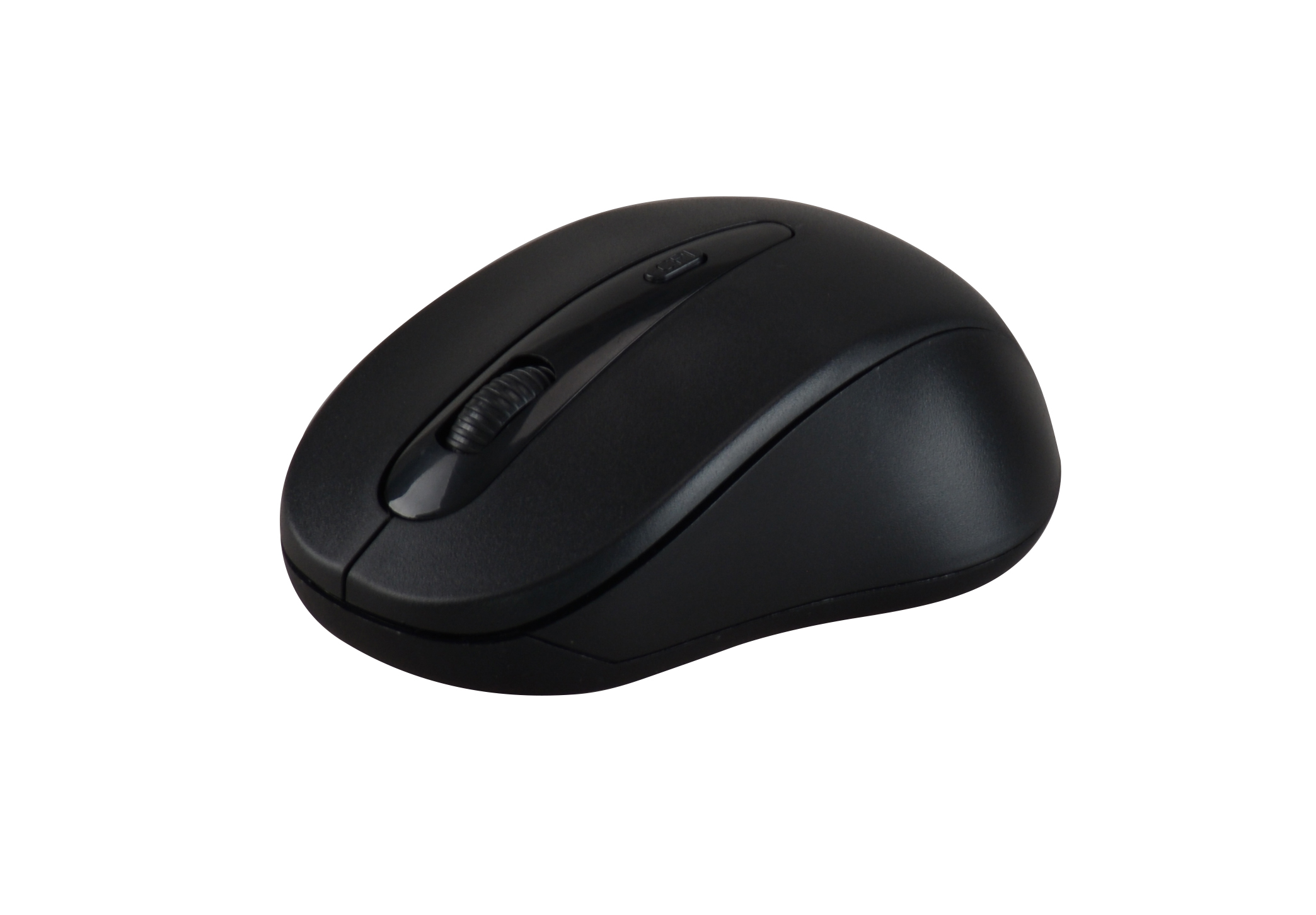 Czarna mysz komputerowa z kółkiem przewijania i dwoma przyciskami na białym tle.