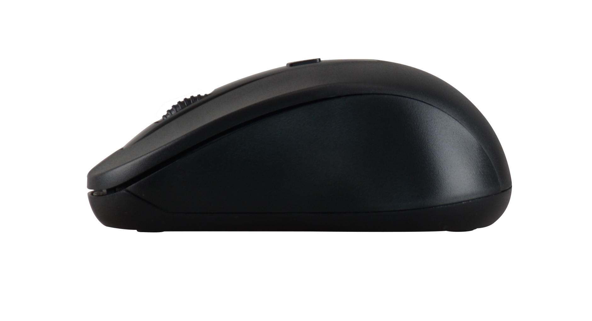 Czarna mysz komputerowa z kółkiem przewijania, widziana z boku.