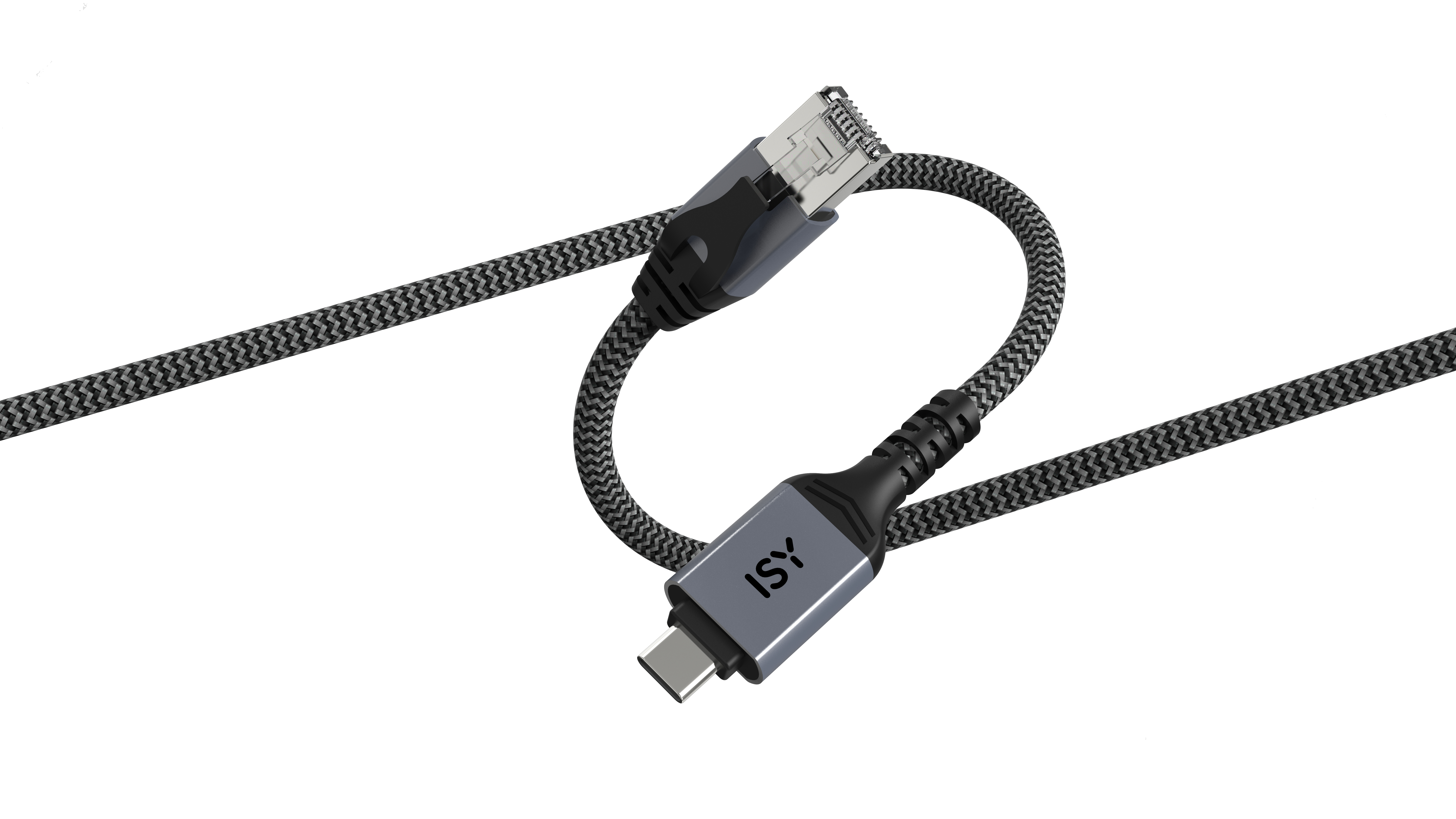 Szary kabel USB-C z czarnym oplotem i srebrną wtyczką RJ45.