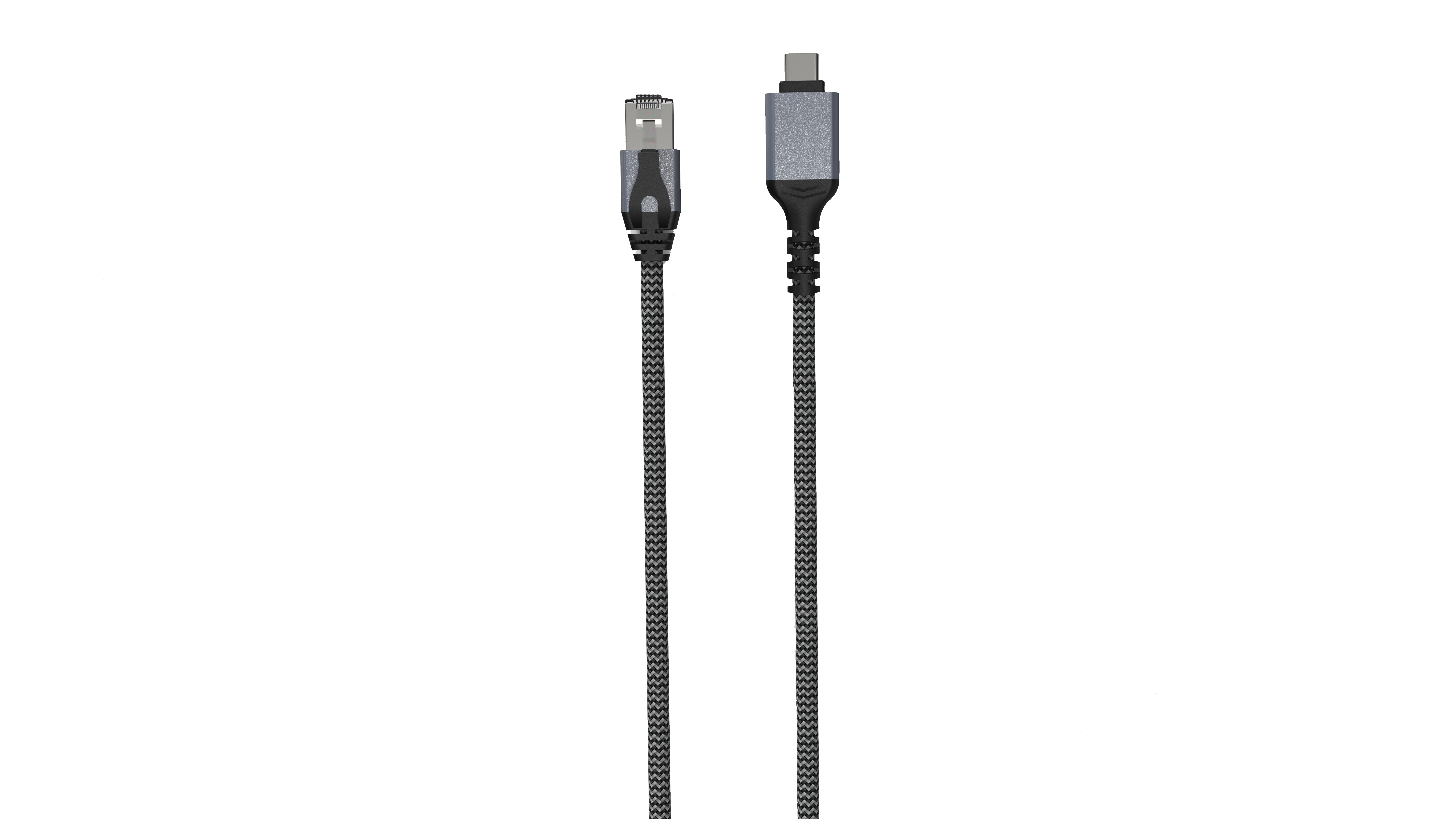 Szary kabel USB-C z jednym złączem RJ45 i jednym złączem USB-C.
