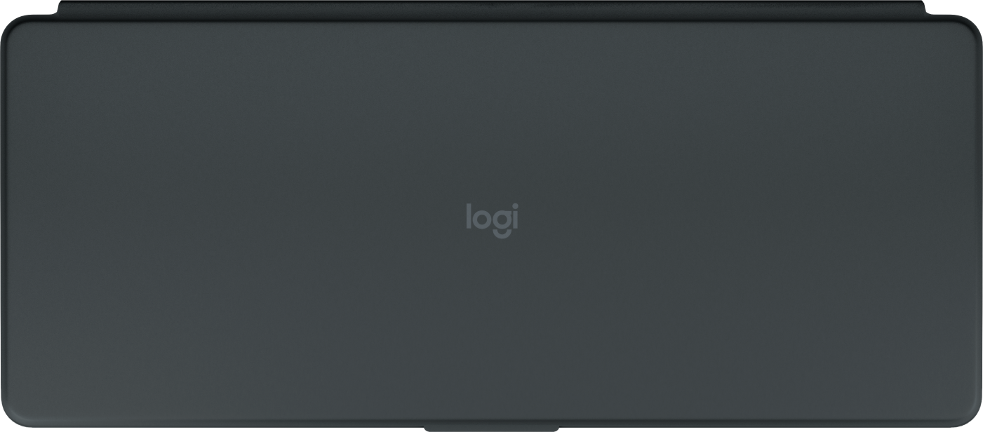 Ciemnoszara okładka na laptopa z subtelnym logo 'logi' pośrodku.