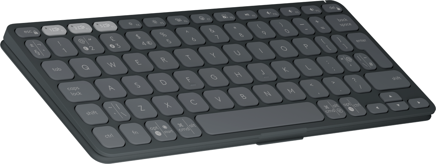 Ciemna klawiatura z szarymi klawiszami na czarnym tle.