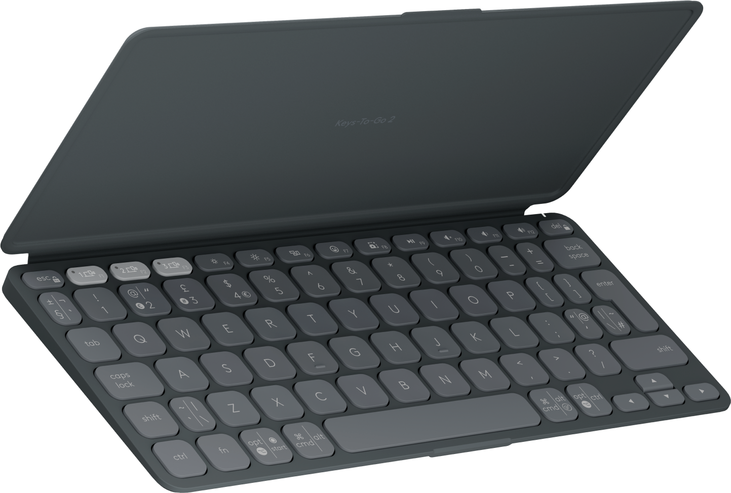 Ciemnoszara klawiatura Logitech Keys-To-Go 2 z otwartą pokrywą, widoczne klawisze.