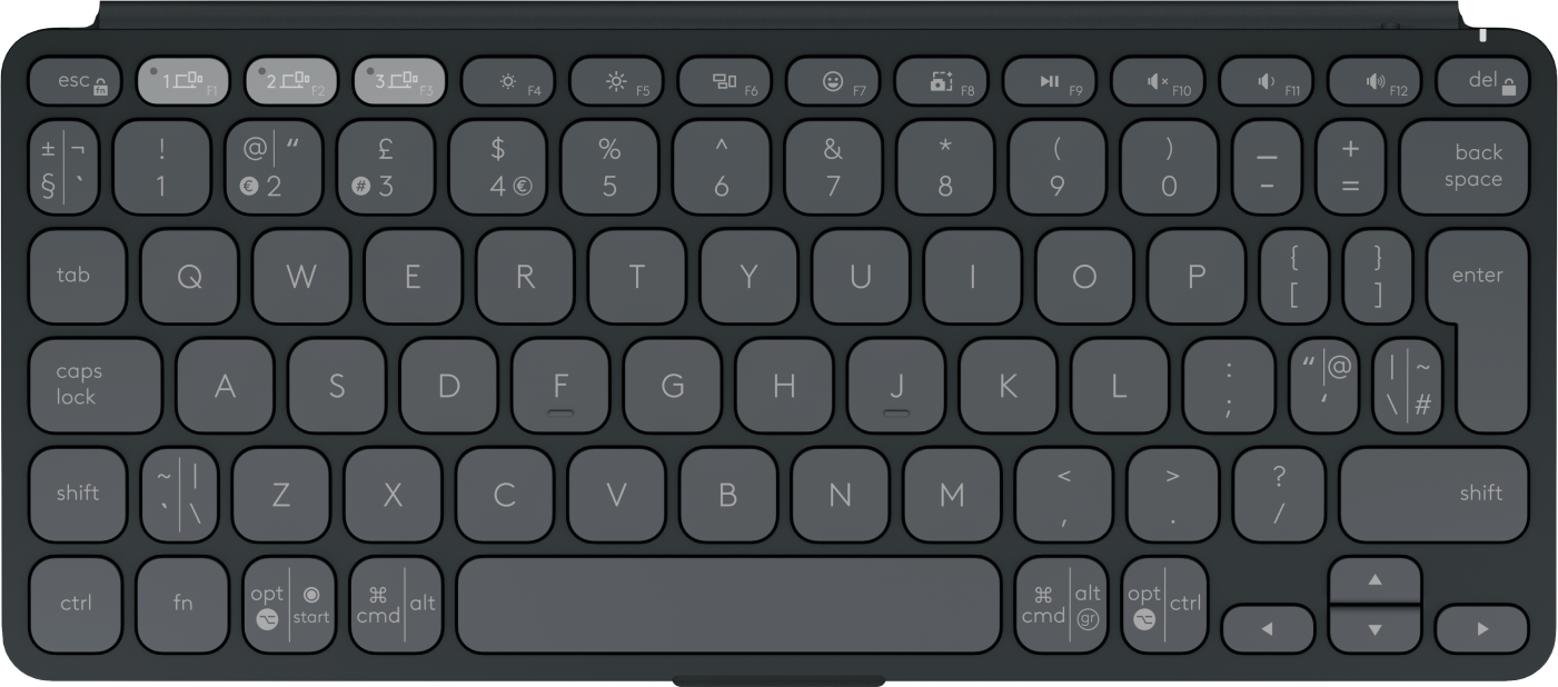 Widok z góry ciemnej klawiatury z podświetlanymi klawiszami i symbolami.