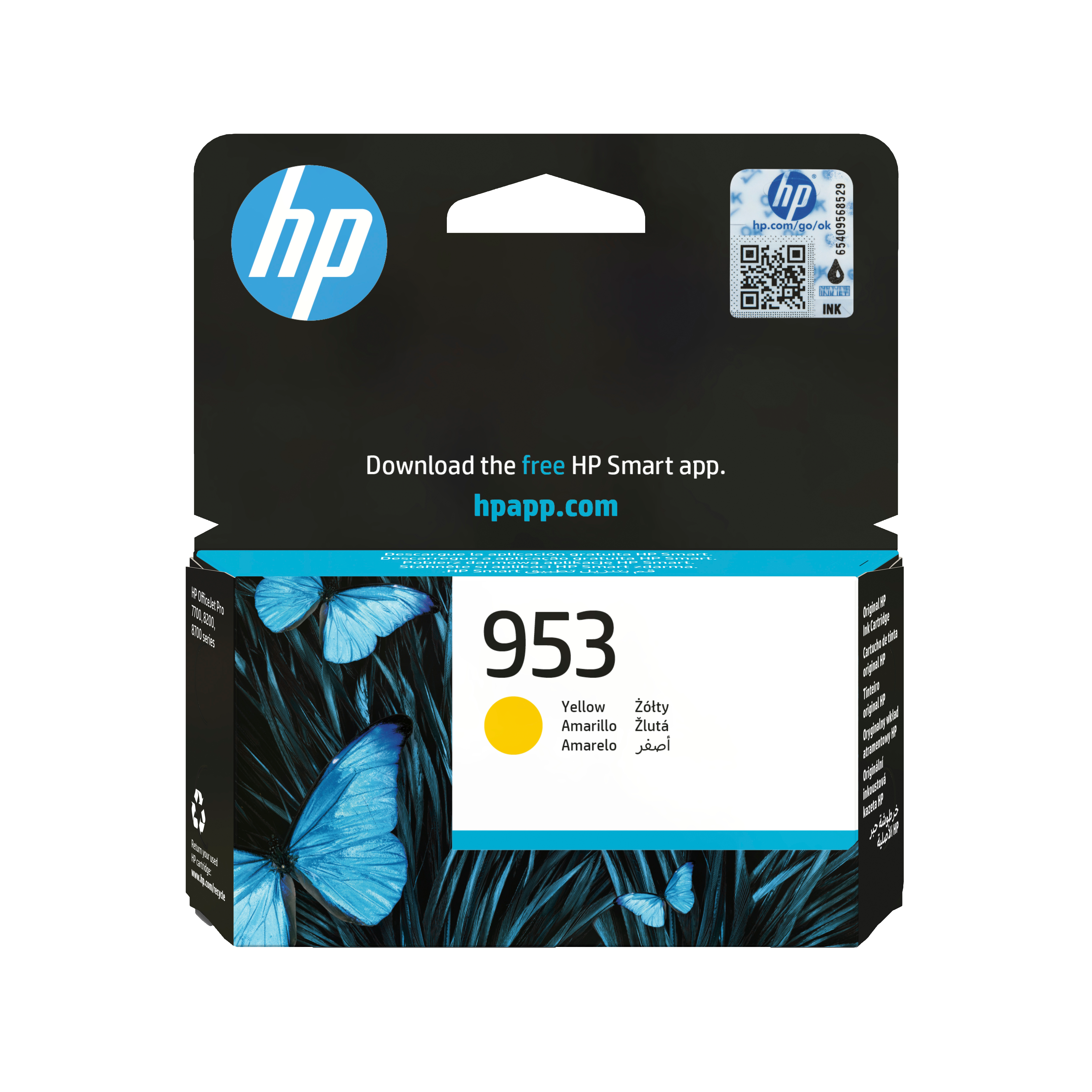 Żółty tusz HP 953 z motywem motyla, do drukarek HP OfficeJet Pro.