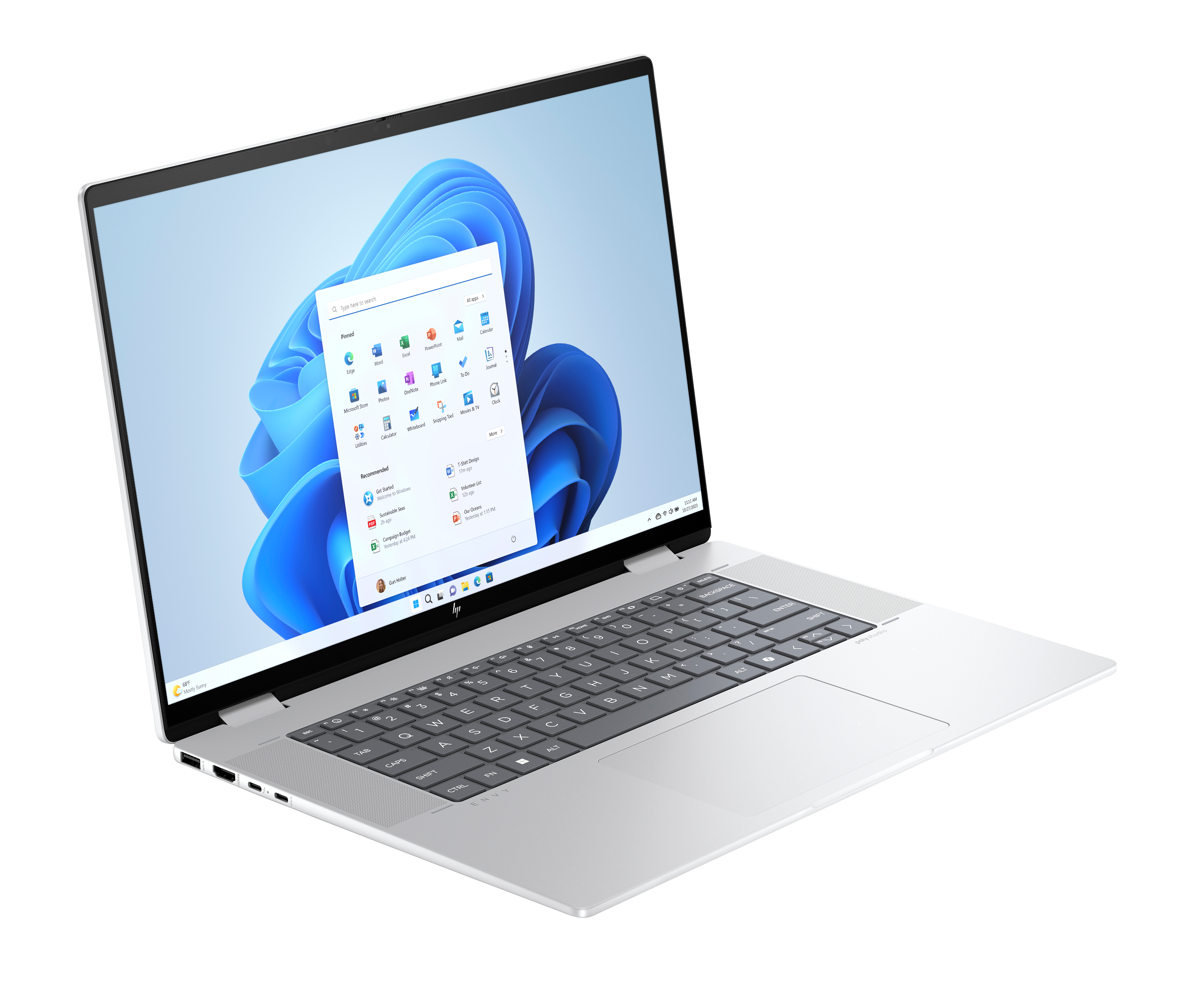 Srebrny laptop z otwartym menu Start systemu Windows 11 na ekranie.