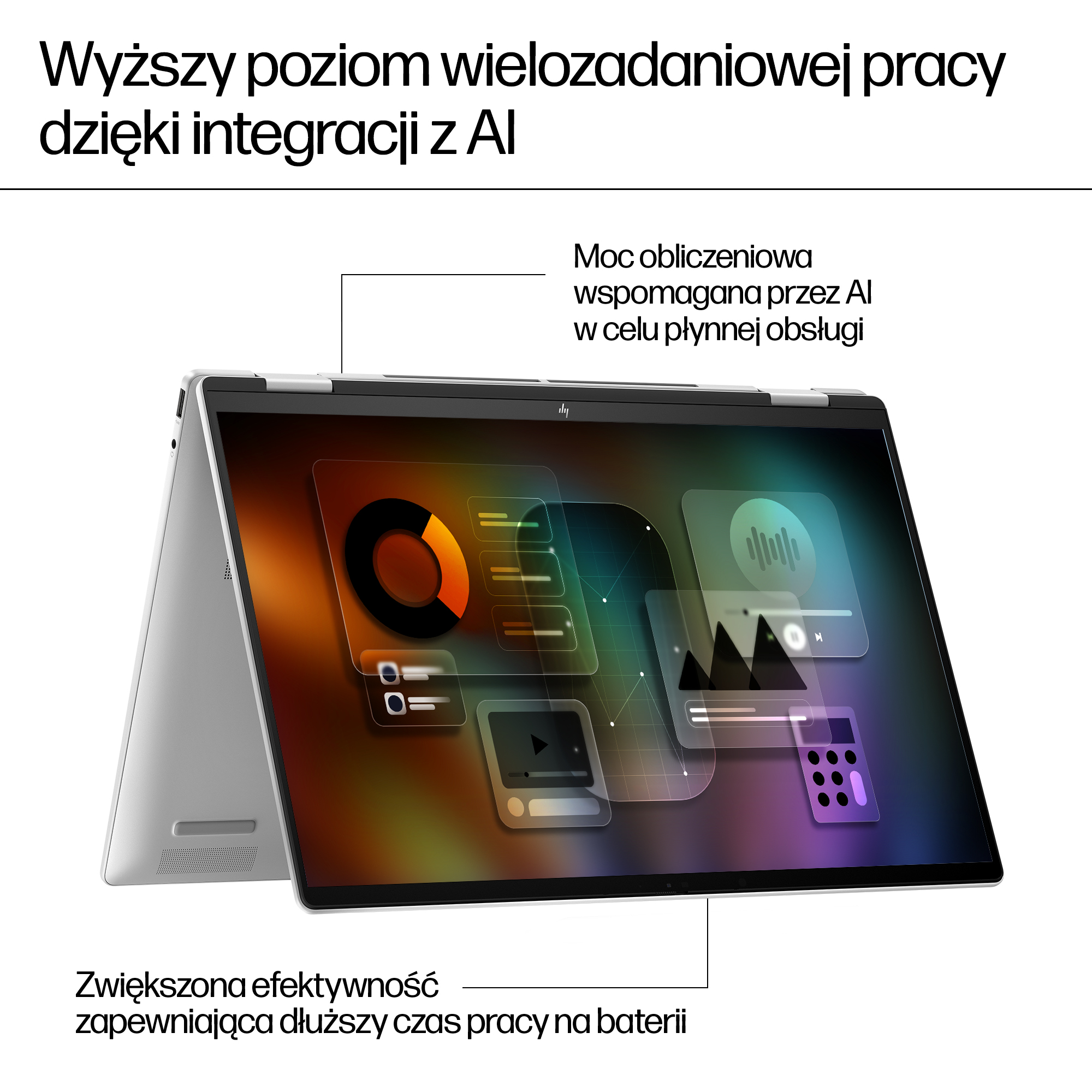 Srebrny laptop wyświetla interfejs z wykresami i ikonami, sugerując AI.