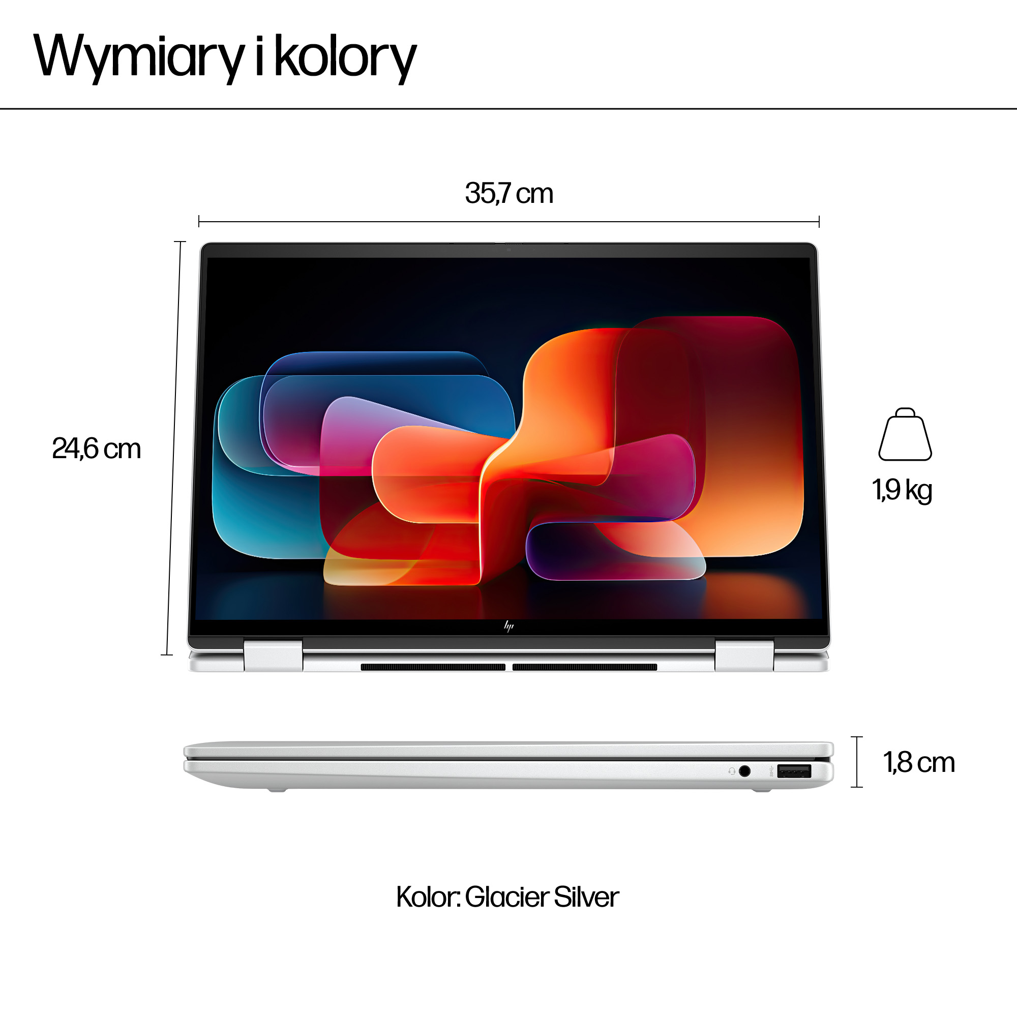 Srebrny laptop o wymiarach 35,7x24,6x1,8cm i wadze 1,9kg.