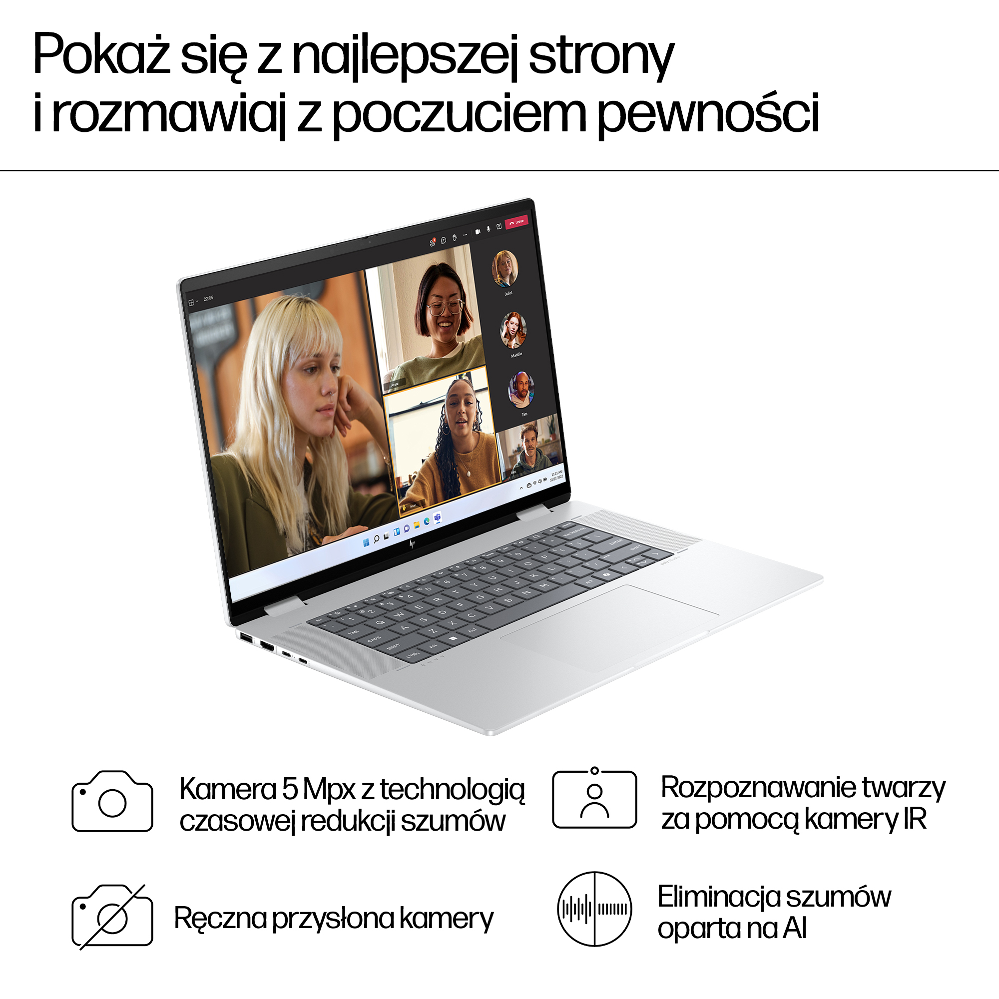 Laptop wyświetla rozmowę wideo z czterema osobami. Funkcje: kamera 5MP, rozpoznawanie twarzy IR.