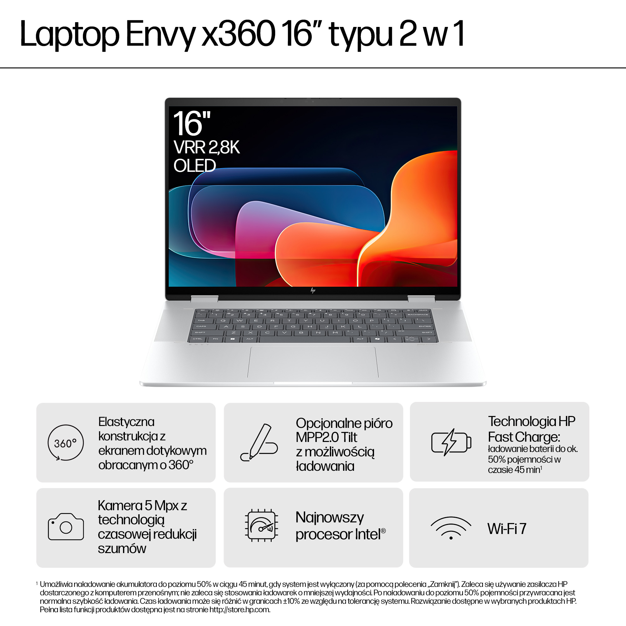 Laptop HP Envy x360 16" z ekranem OLED, zawiasem 360°, obsługą rysika, kamerą 5MP, procesorem Intel, Wi-Fi 7.