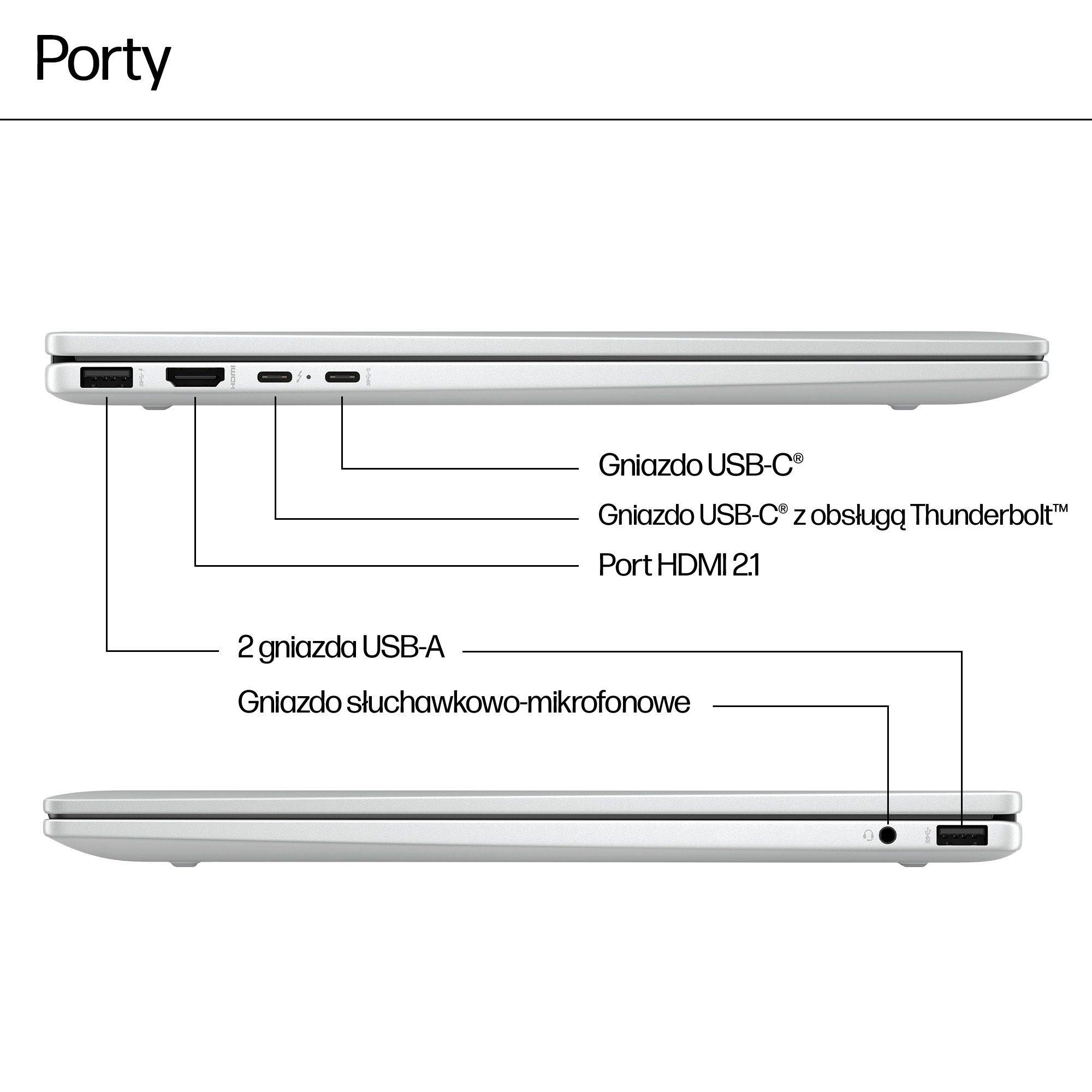 Widok boczny laptopa z portami: USB-A, HDMI, USB-C, Thunderbolt i gniazdo słuchawkowe.
