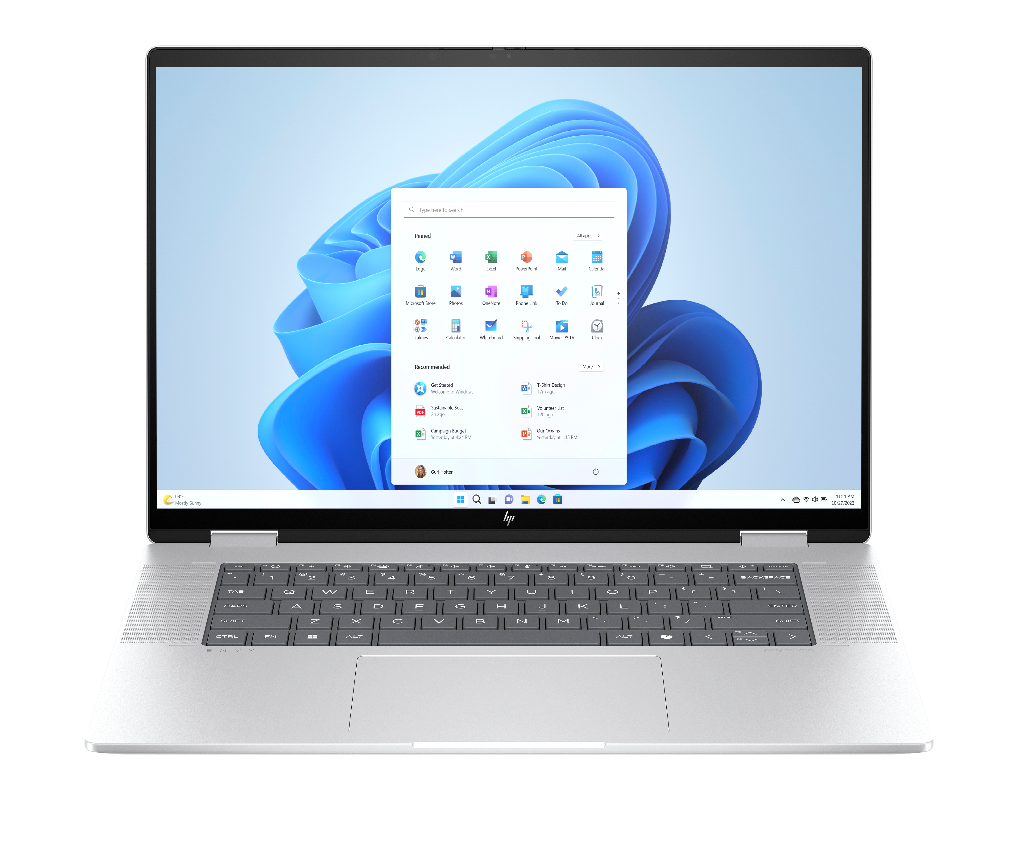 Otwarty laptop z menu Start systemu Windows 11 i niebieską tapetą.