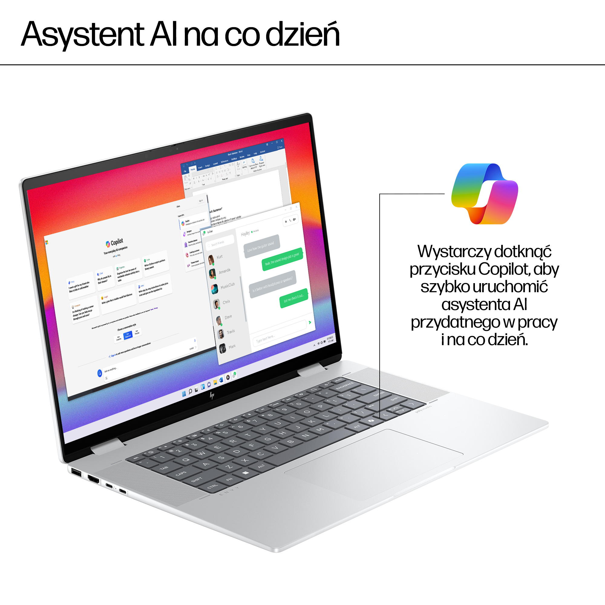 Laptop z interfejsem Copilot AI, oknami czatu i Word. Obok tęczowe logo.
