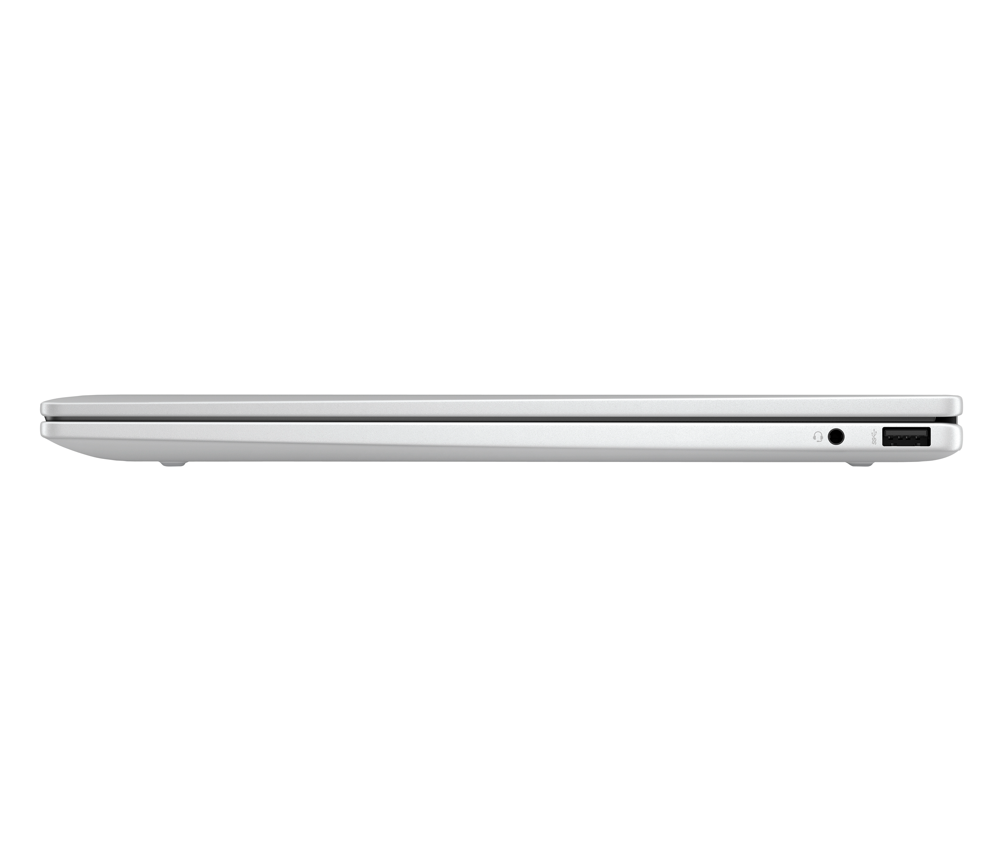 Zbliżenie na boczny widok białego laptopa, pokazujący porty i smukły design.