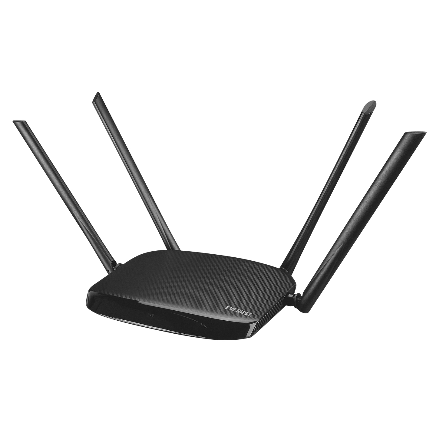 Karbon desenli siyah router, beyaz arka planda dört antenli.