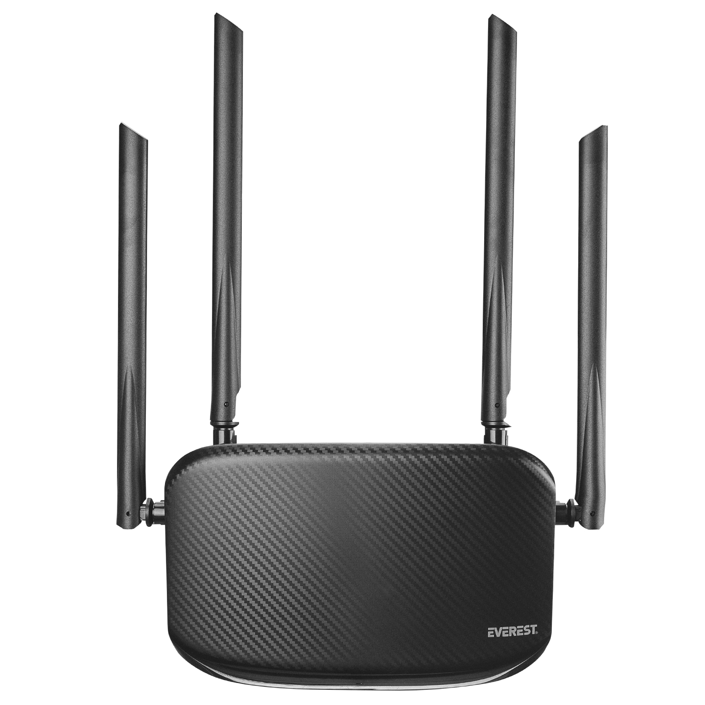 Karbon fiber desenli siyah router, dört antenli, beyaz arka plan üzerinde.