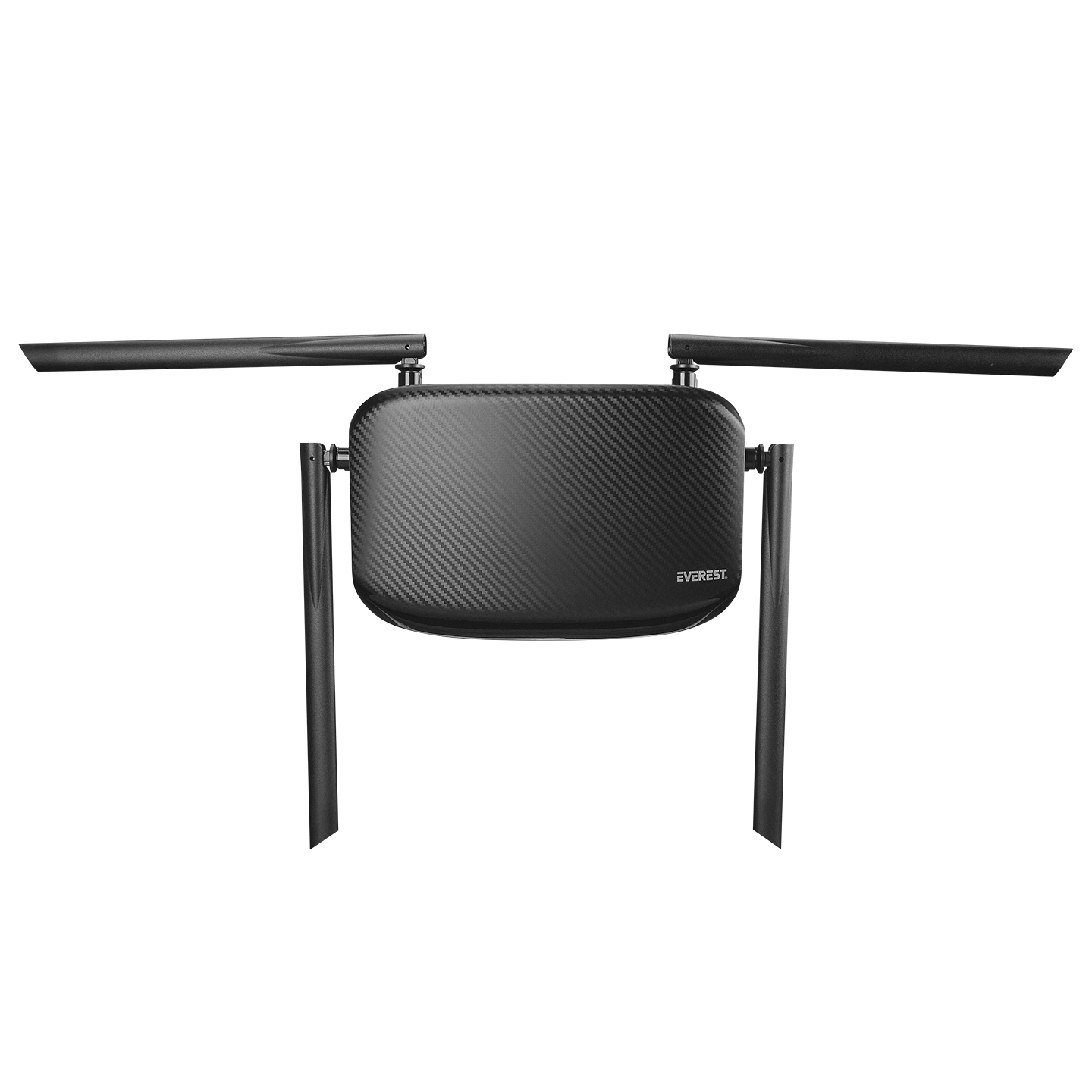 Karbon fiber desenli siyah bir router, beyaz arka planda üç anten.