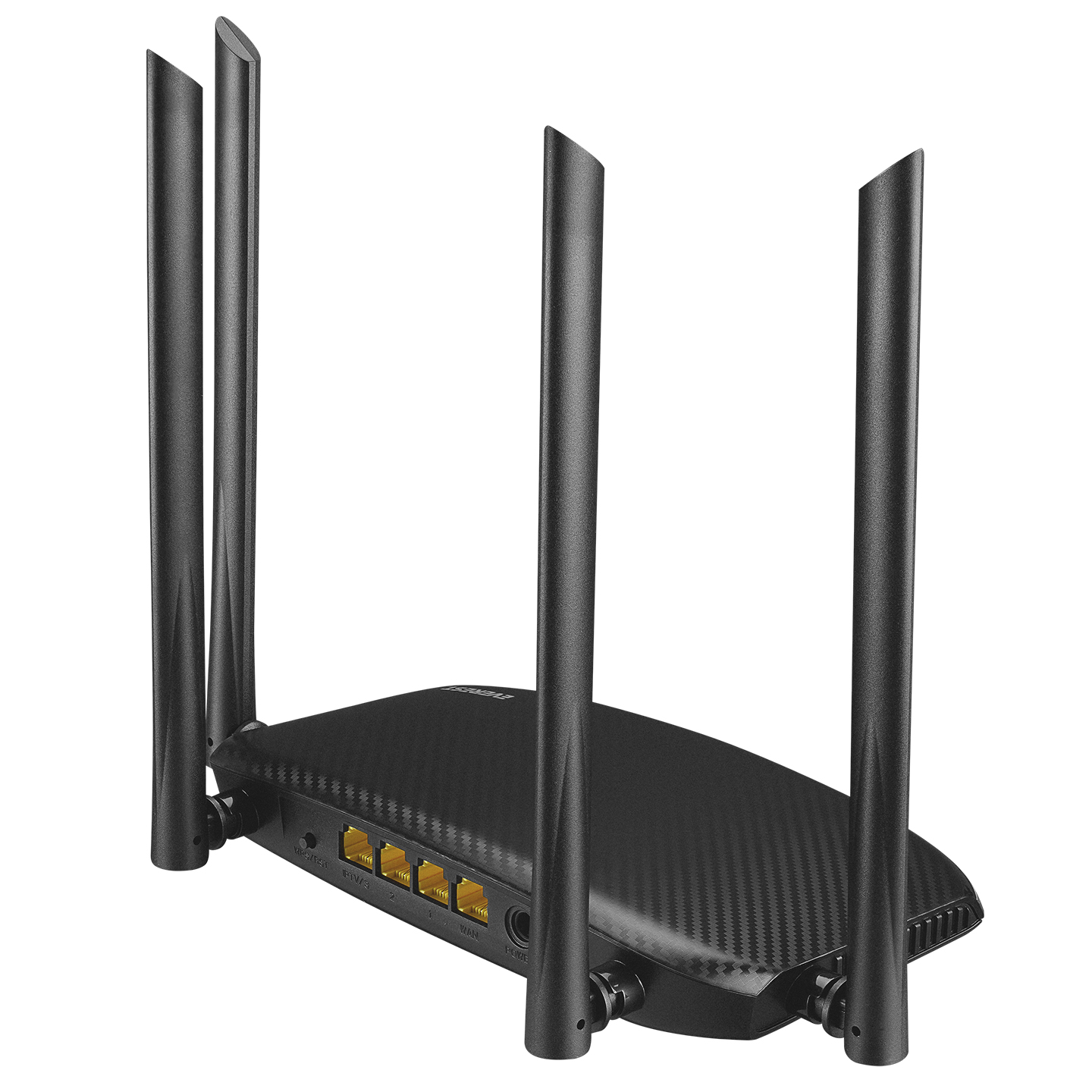 Dört antenli ve Ethernet portlu siyah Wi-Fi yönlendirici.