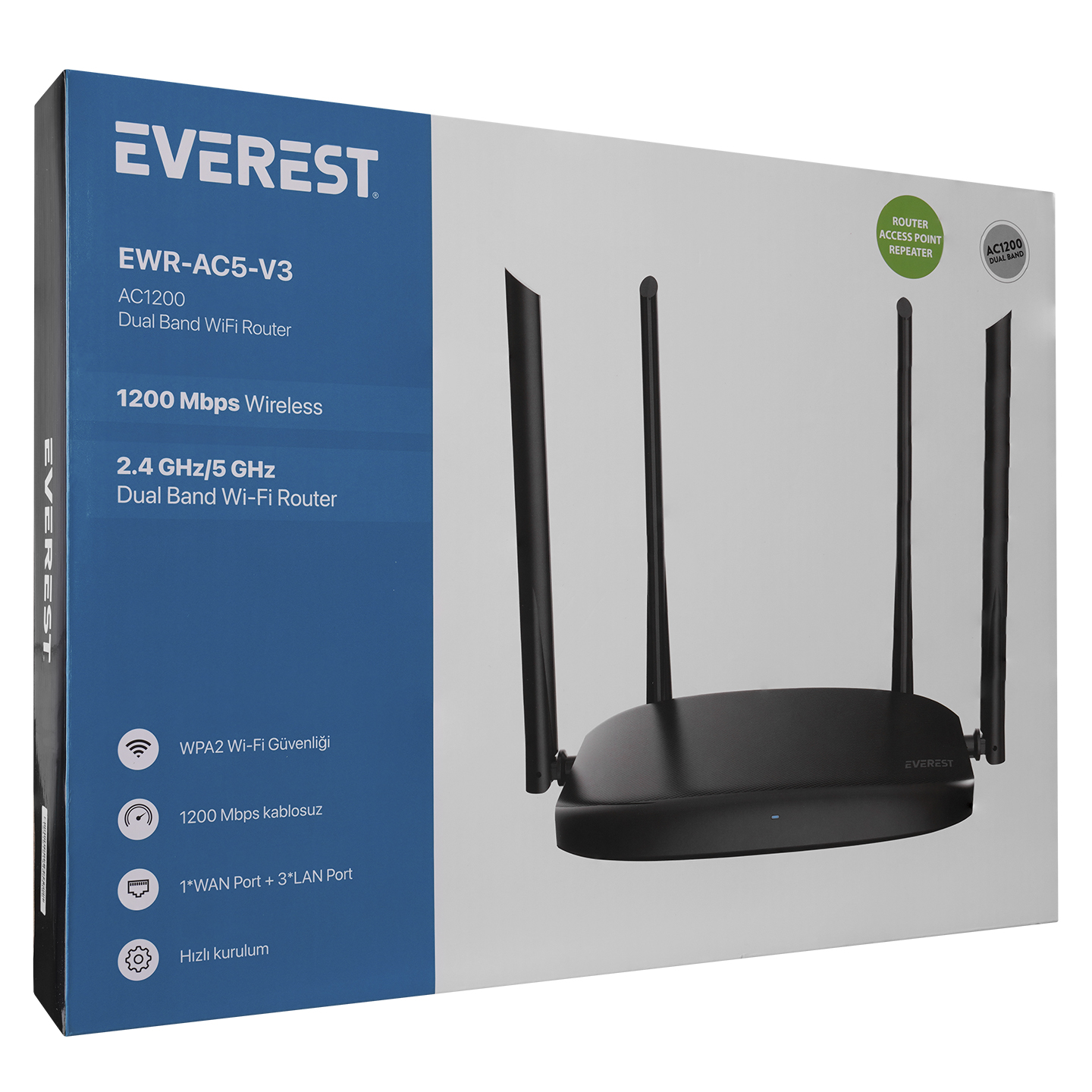 Siyah EVEREST Çift Bant WiFi Router, ambalajında üç antenli.