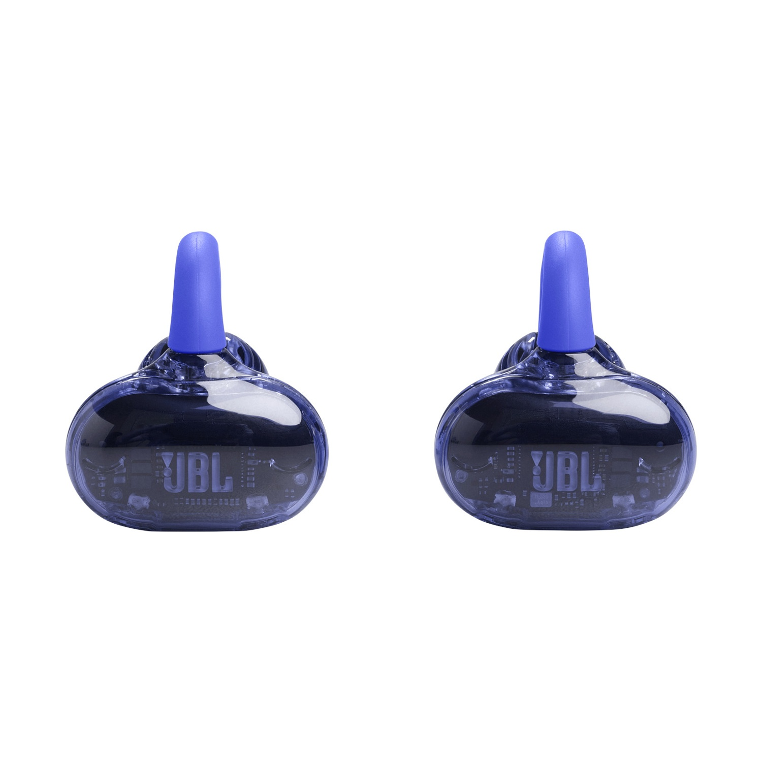 Due auricolari blu trasparenti con logo JBL su sfondo bianco.