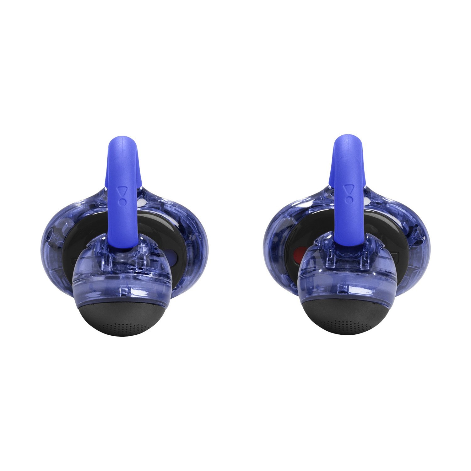 Due auricolari trasparenti blu con auricolari e ganci neri.