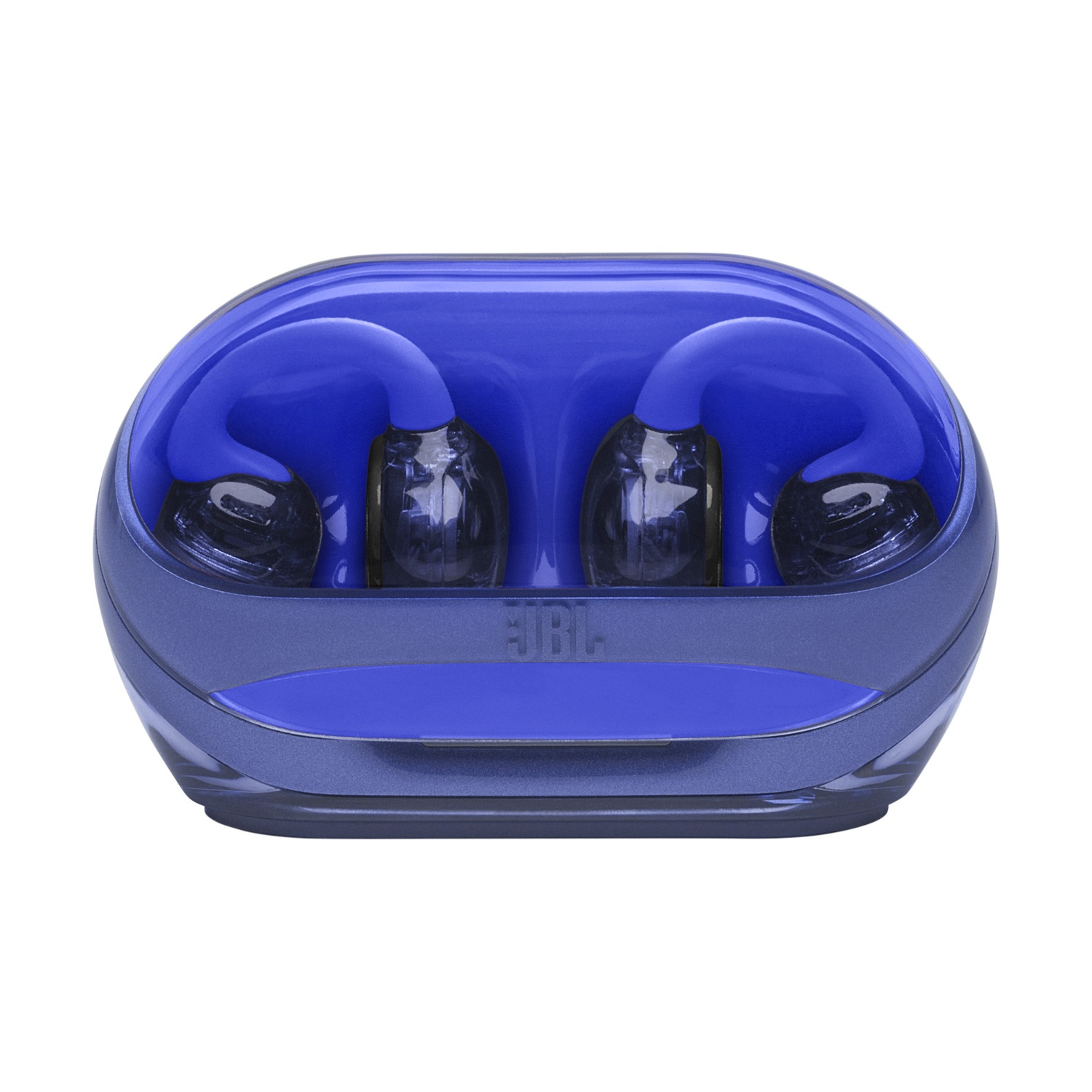 Auricolari wireless blu in una custodia di ricarica blu, con logo JBL.
