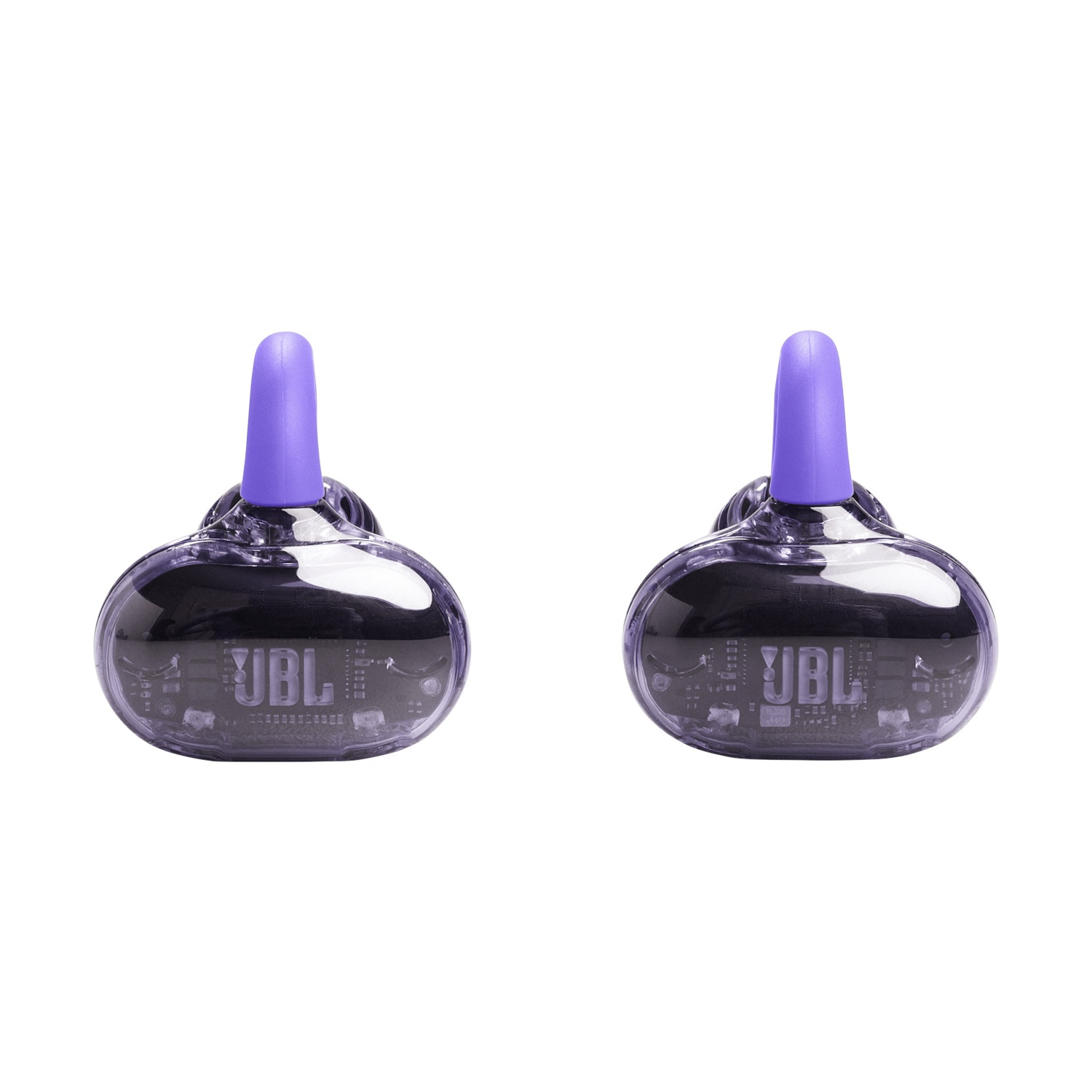 Due auricolari JBL viola su sfondo bianco.