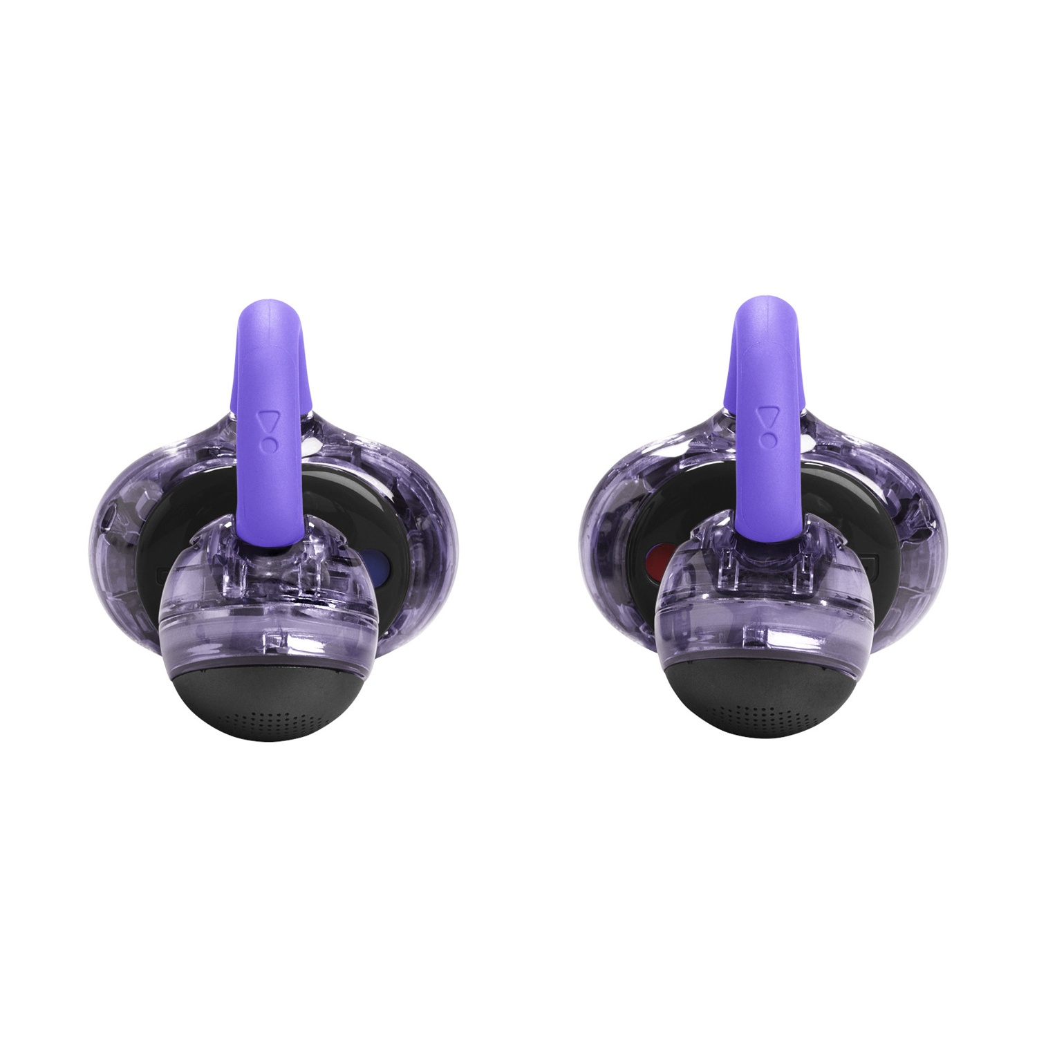 Due auricolari viola trasparenti con auricolari neri e ganci viola.