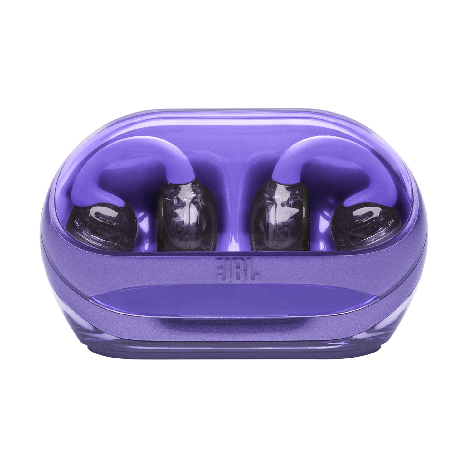 Auricolari JBL viola all'interno della loro custodia di ricarica.