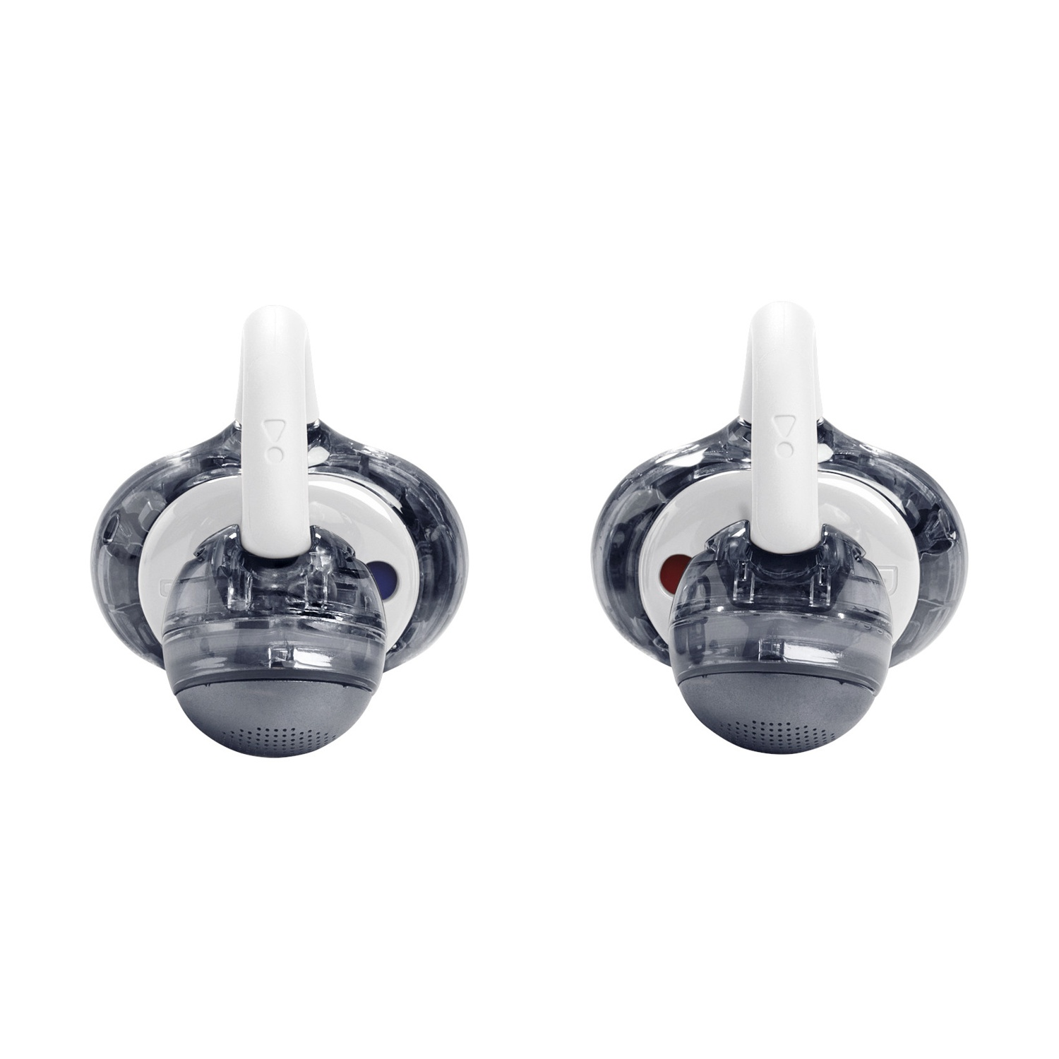 Due auricolari trasparenti con ganci bianchi e auricolari grigi.