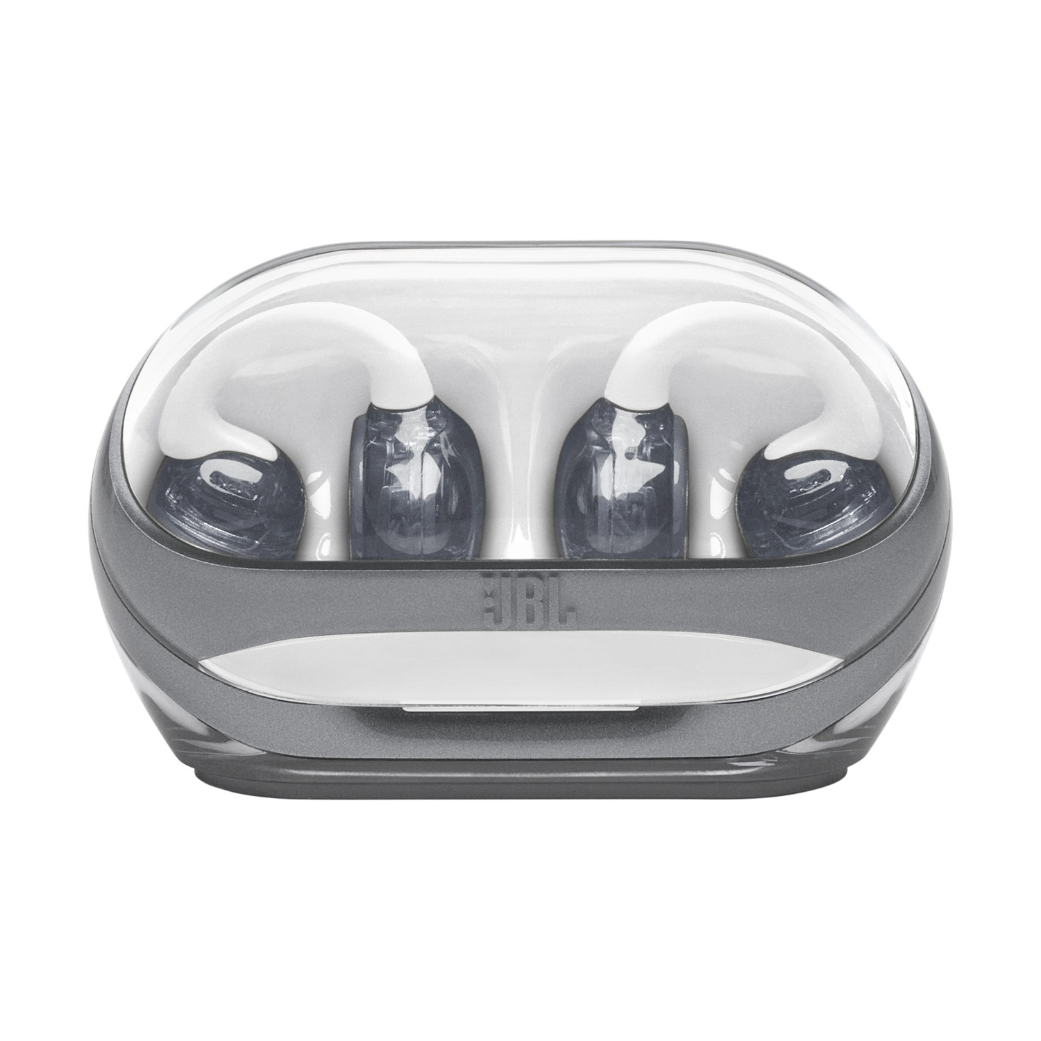 Auricolari JBL bianchi dentro un case di ricarica grigio trasparente.