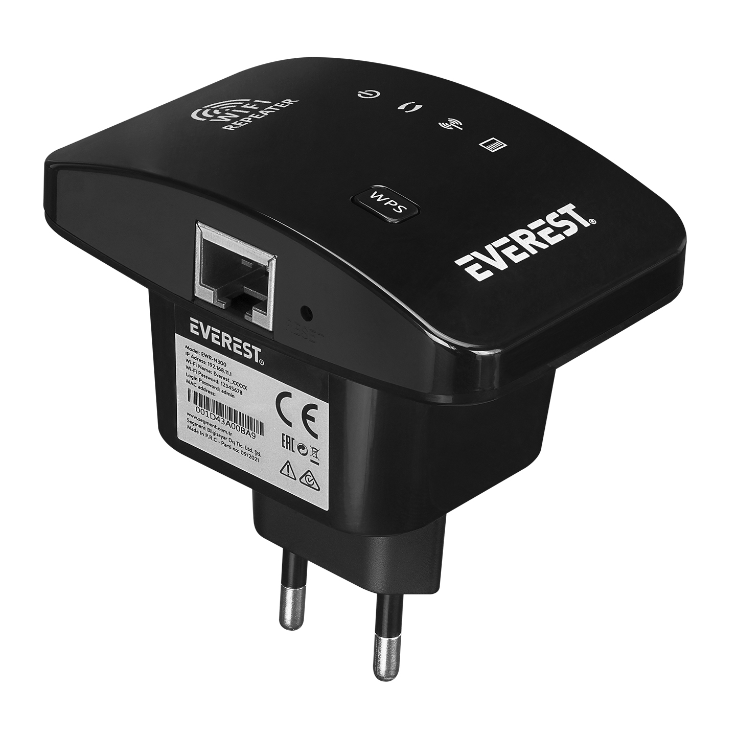 Ethernet portlu, WPS düğmeli, ışıklı Everest Wi-Fi tekrarlayıcı.