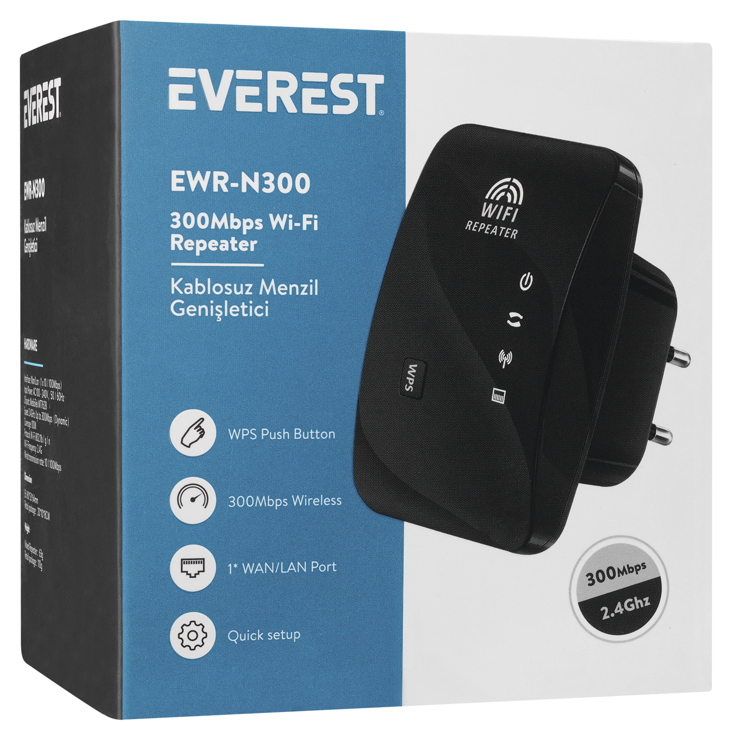 Siyah Everest WiFi tekrarlayıcı, 300 Mbps, 2,4 GHz, WPS düğmeli.