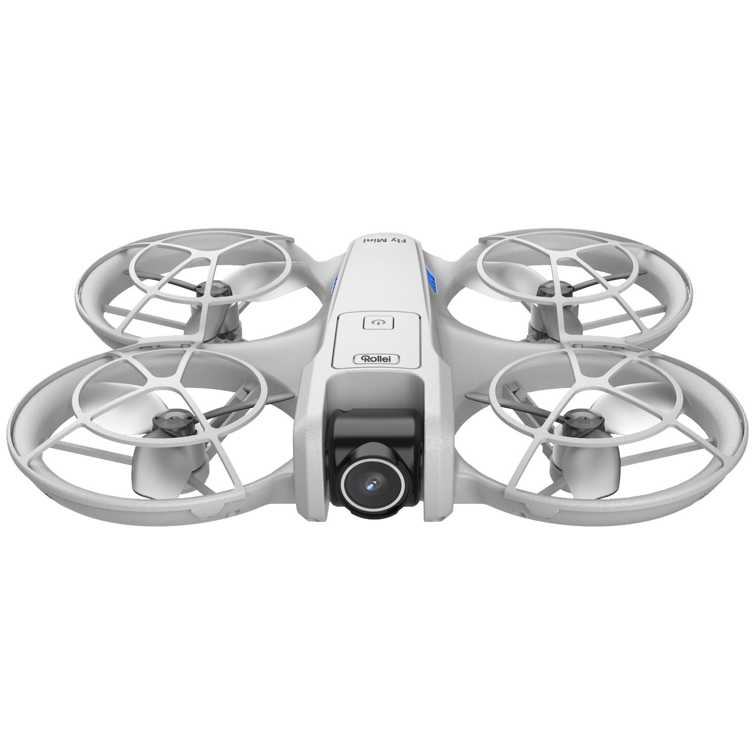 A small white drone with four propellers and a camera at the front.