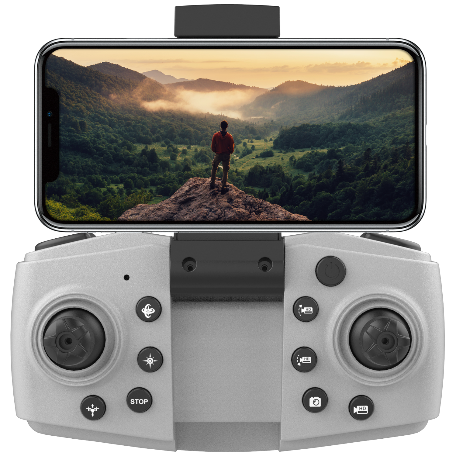 Drone remote with smartphone mount showing a man on a mountain overlook.