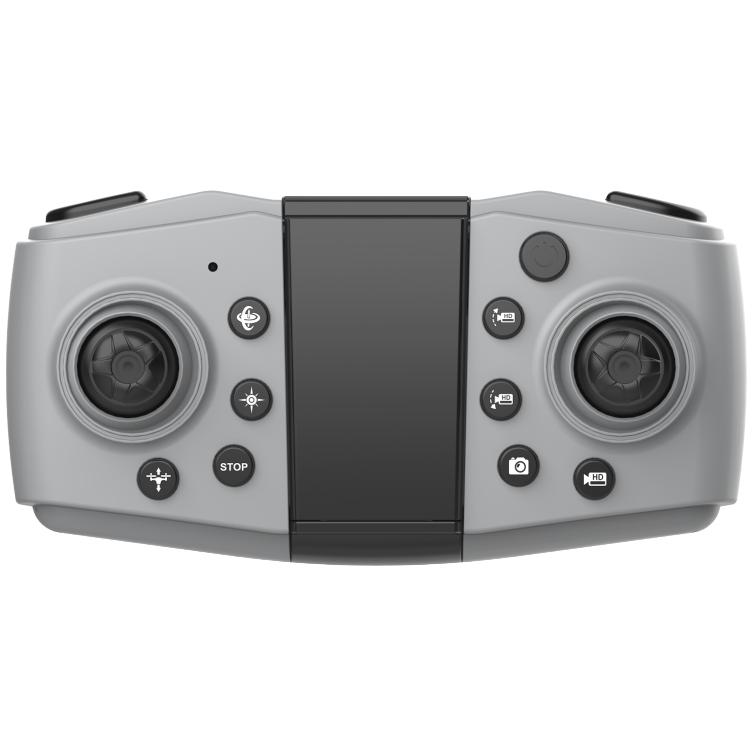 Gray drone controller with two joysticks, a black screen, and buttons.