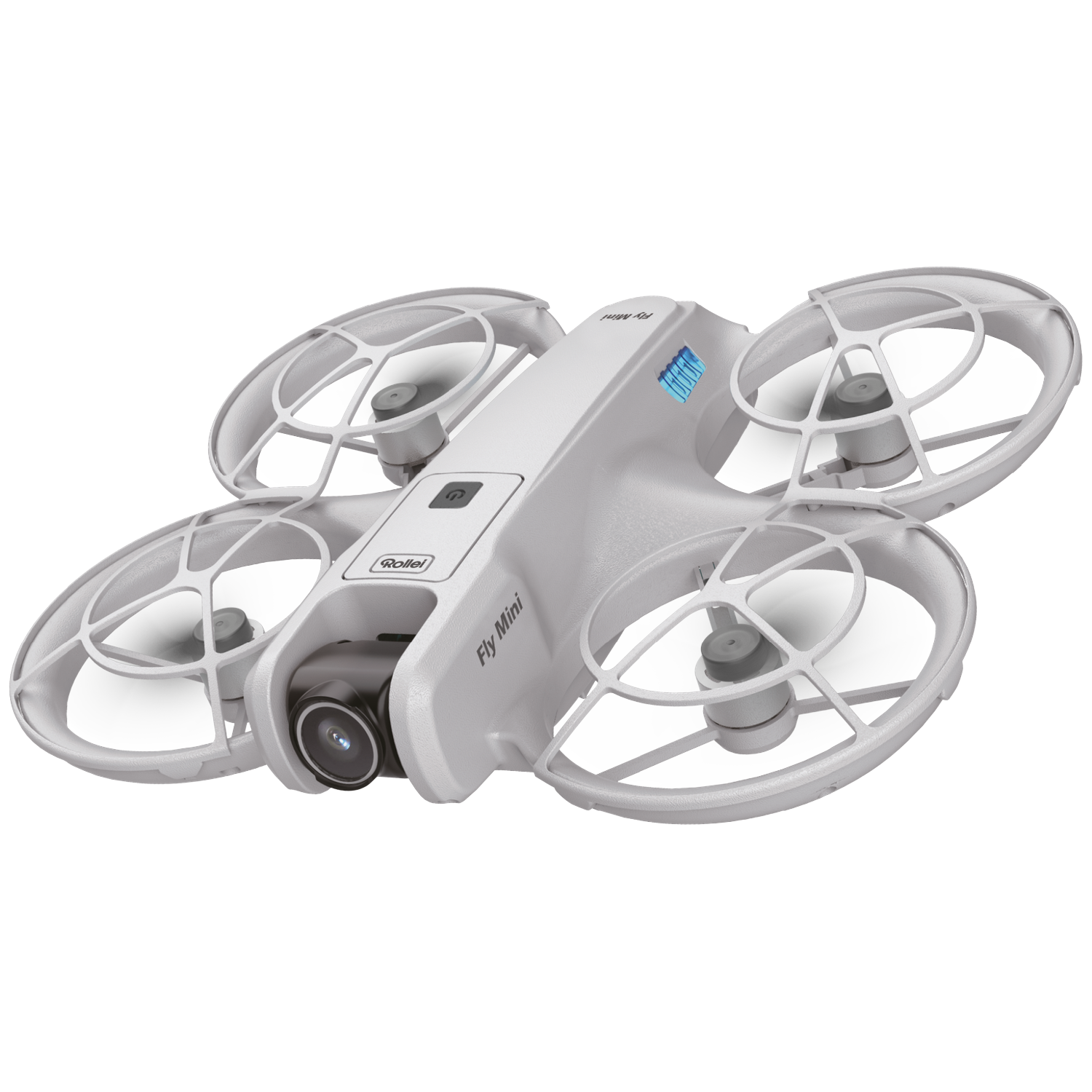 Een witte mini-drone met camera en propellerbeschermers op zwarte achtergrond.