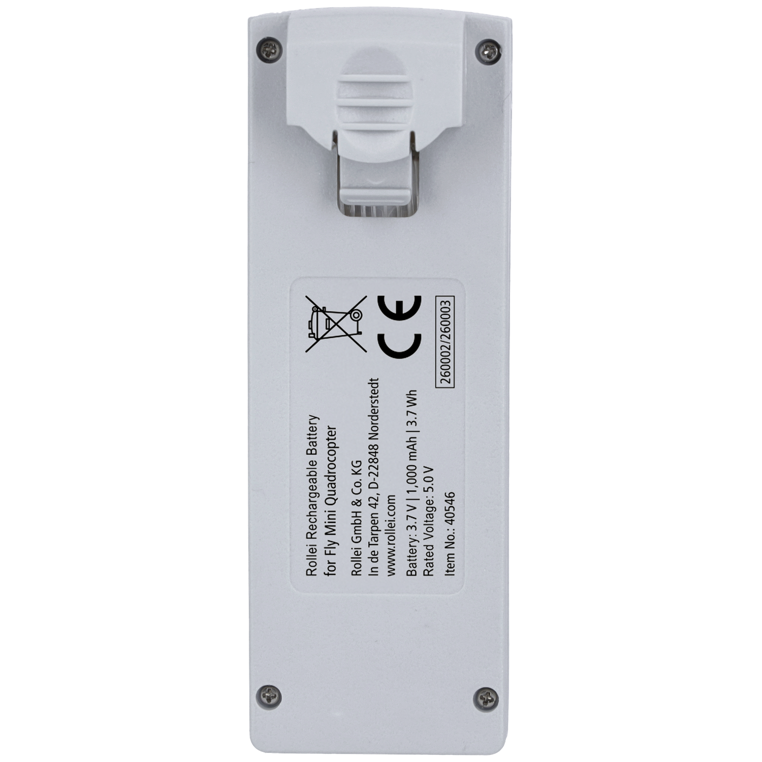 Witte batterij voor mini quadrocopter met CE-markering en technische gegevens.