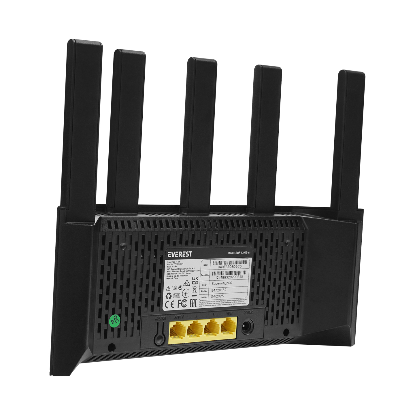 Dört antenli ve arkada portları olan siyah bir Wi-Fi yönlendirici.
