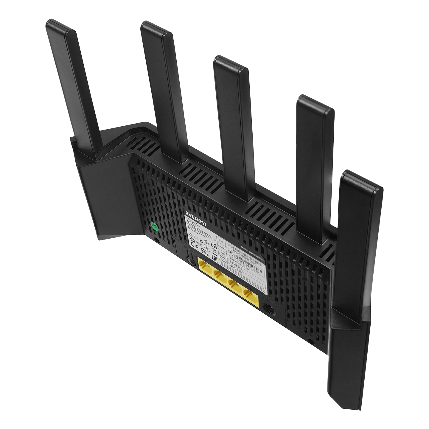 Beyaz arka plan üzerinde çoklu antenli ve sarı Ethernet portlu siyah yönlendirici.
