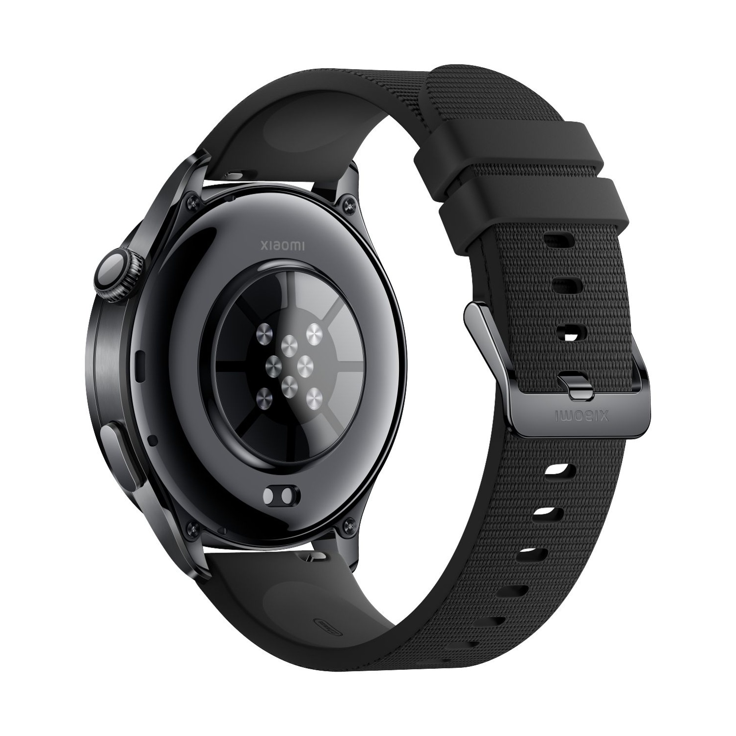 Vista posteriore di uno smartwatch nero con cassa in metallo e cinturino in tessuto.