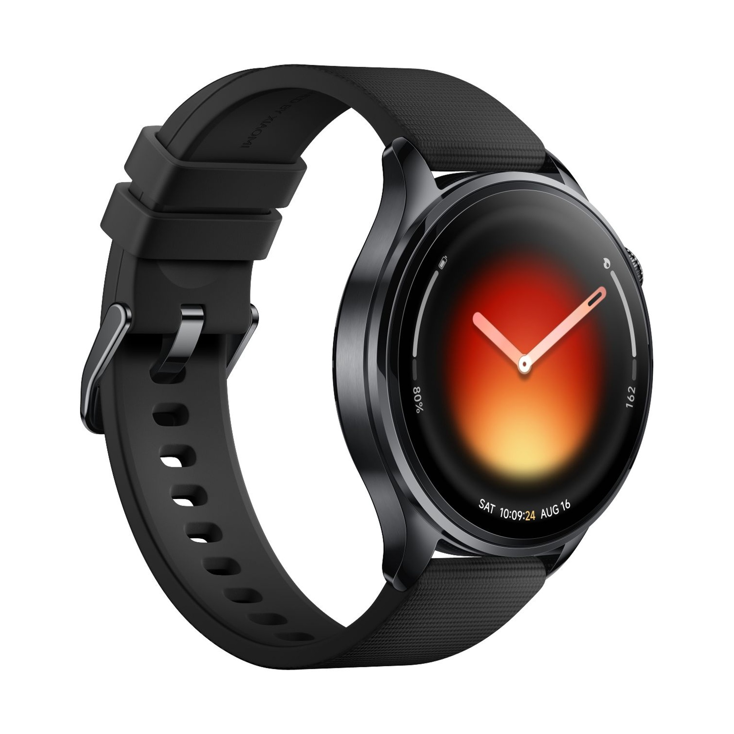Uno smartwatch nero con quadrante rotondo che mostra una grafica del tramonto.