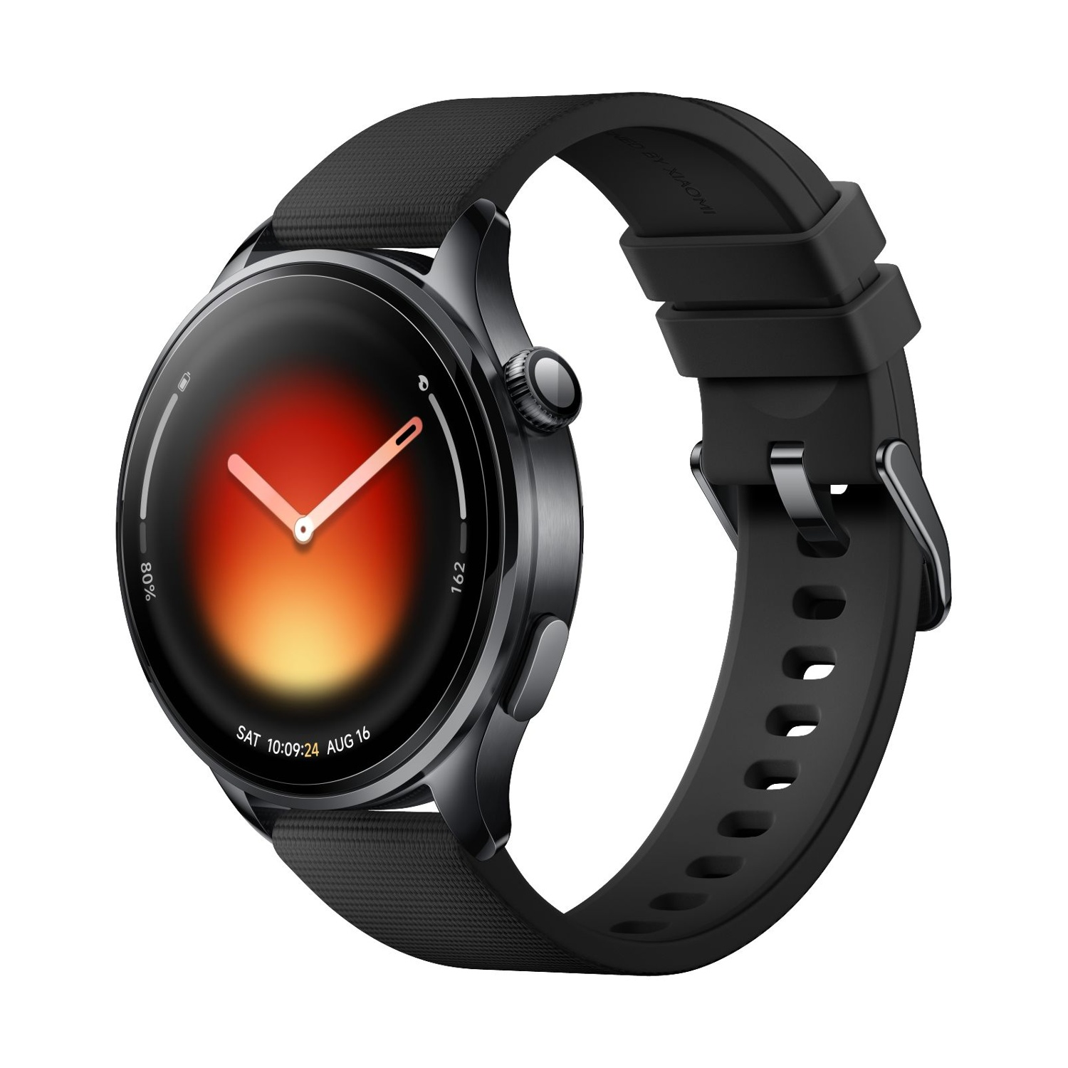 Uno smartwatch nero con quadrante scuro e accenti rossi. Il cinturino è nero.
