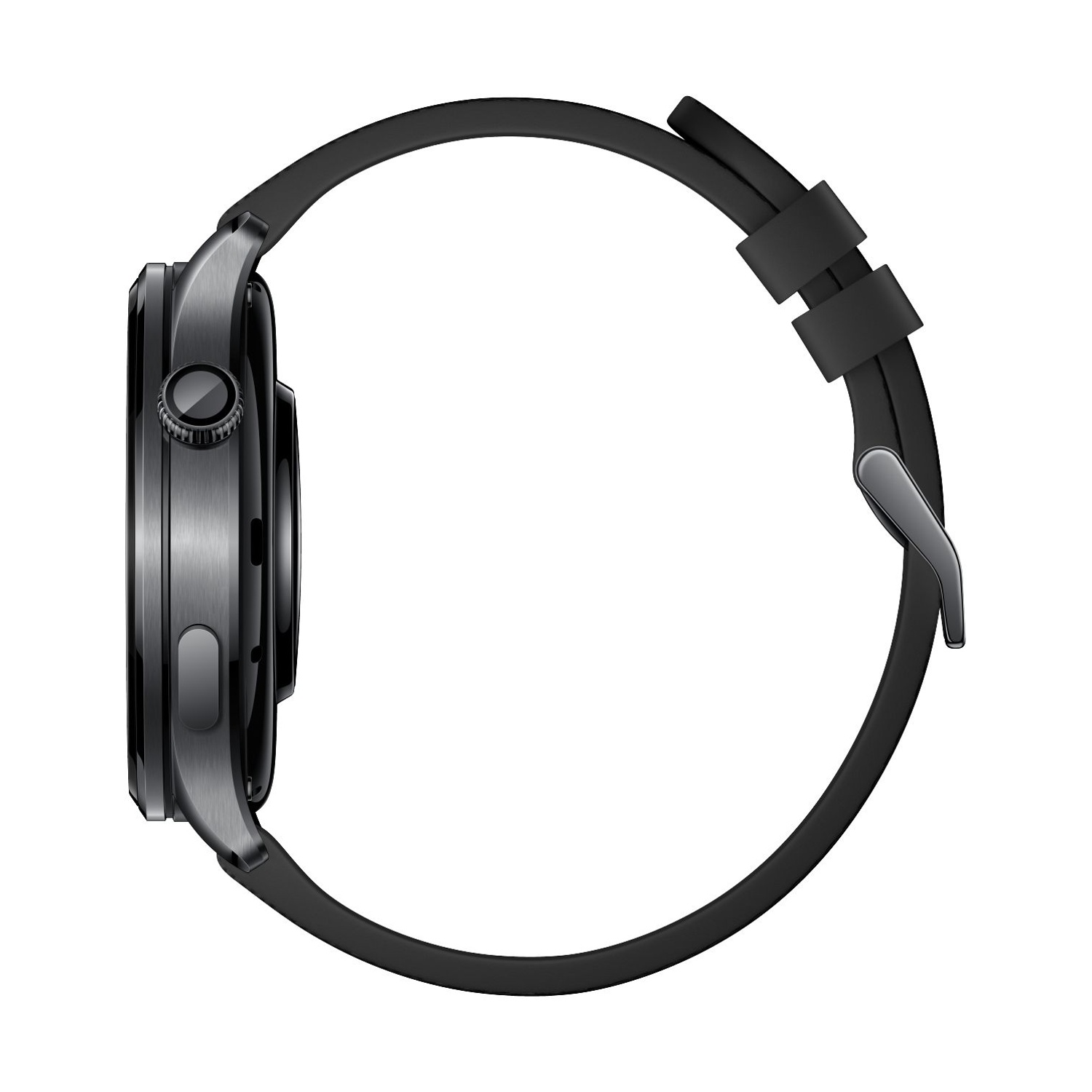 Smartwatch grigio con cinturino nero su sfondo bianco.