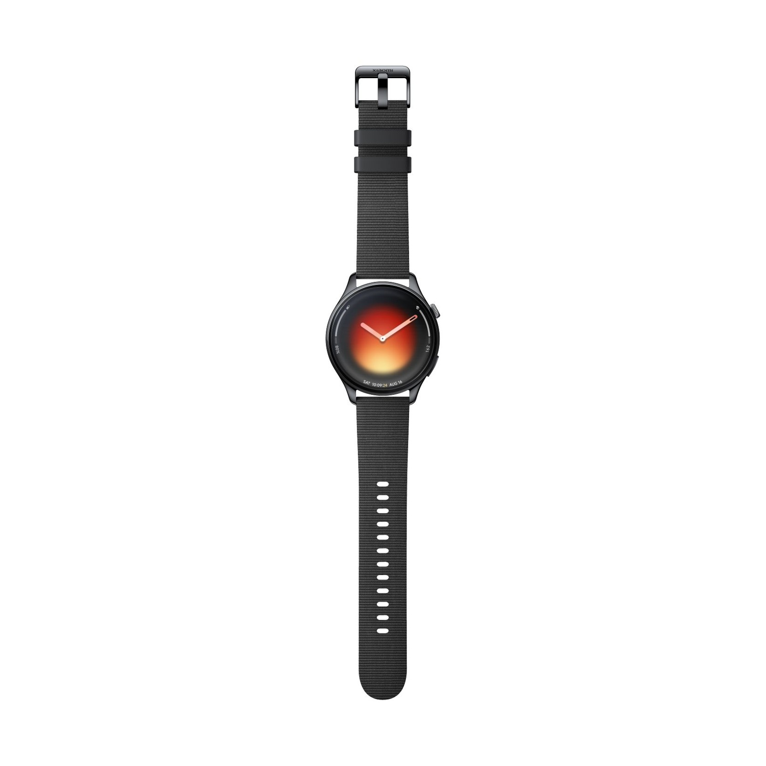 Uno smartwatch nero con display rotondo e cinturino in tessuto.