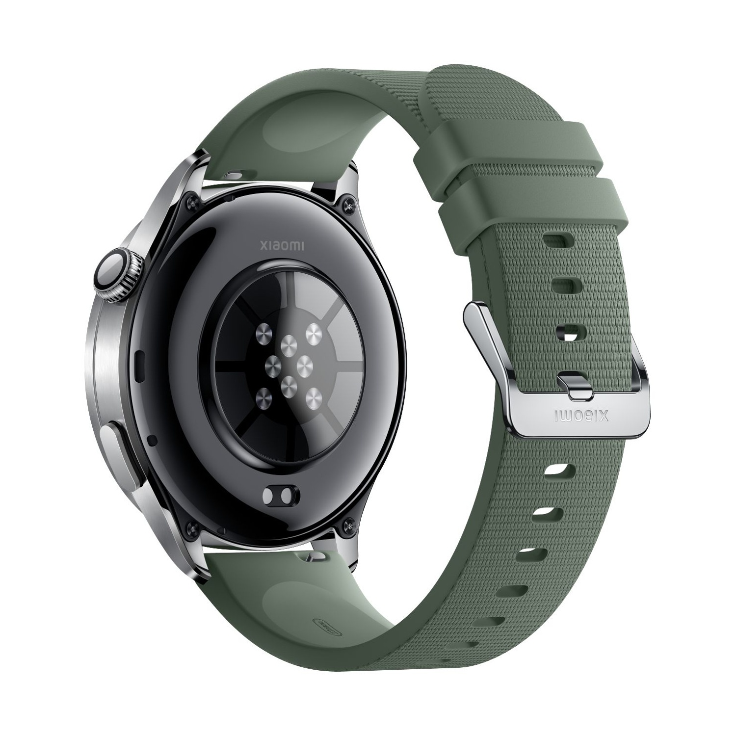 Smartwatch verde con fibbia argentata e logo Xiaomi sul retro.