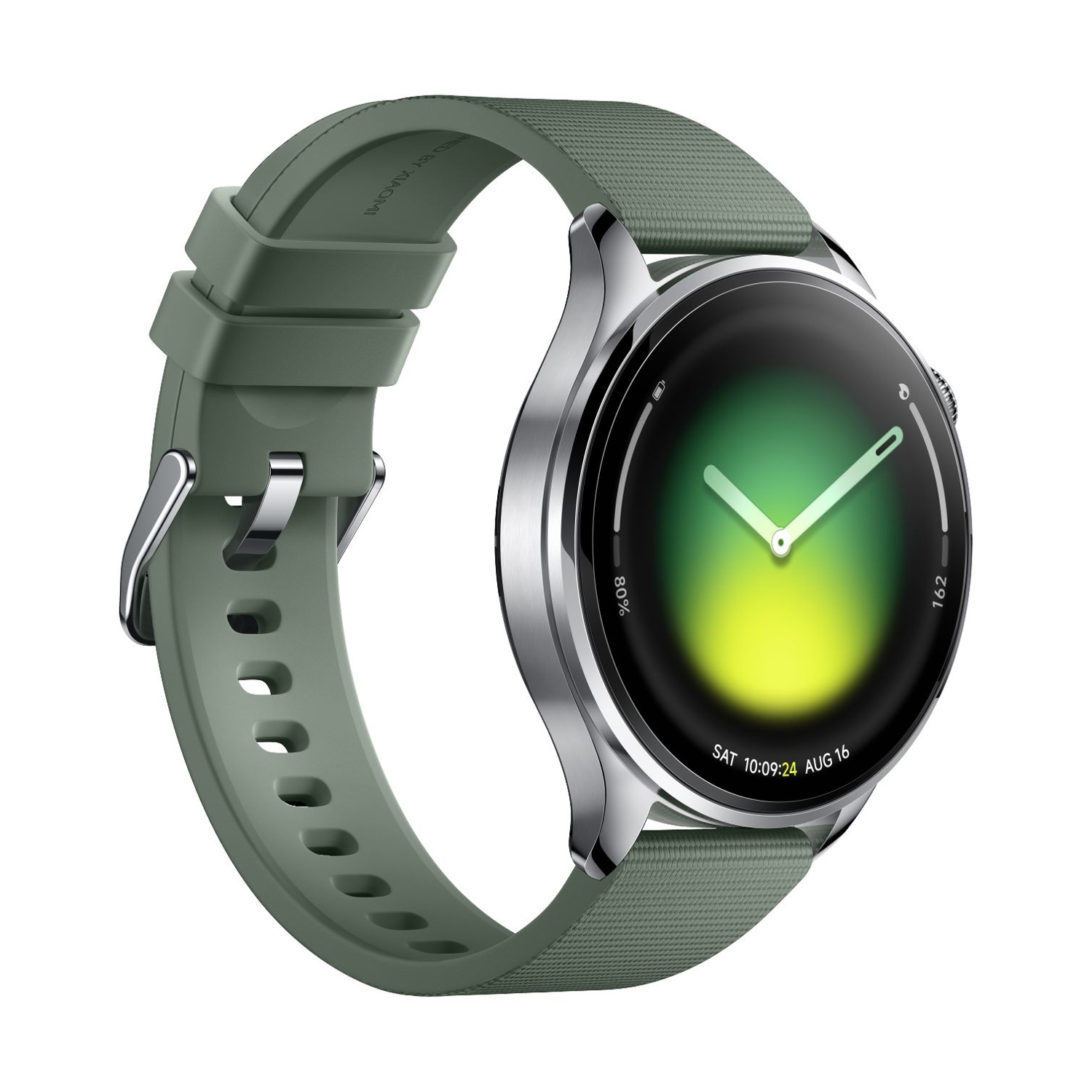 Uno smartwatch verde con cassa argentata e display sfumato.