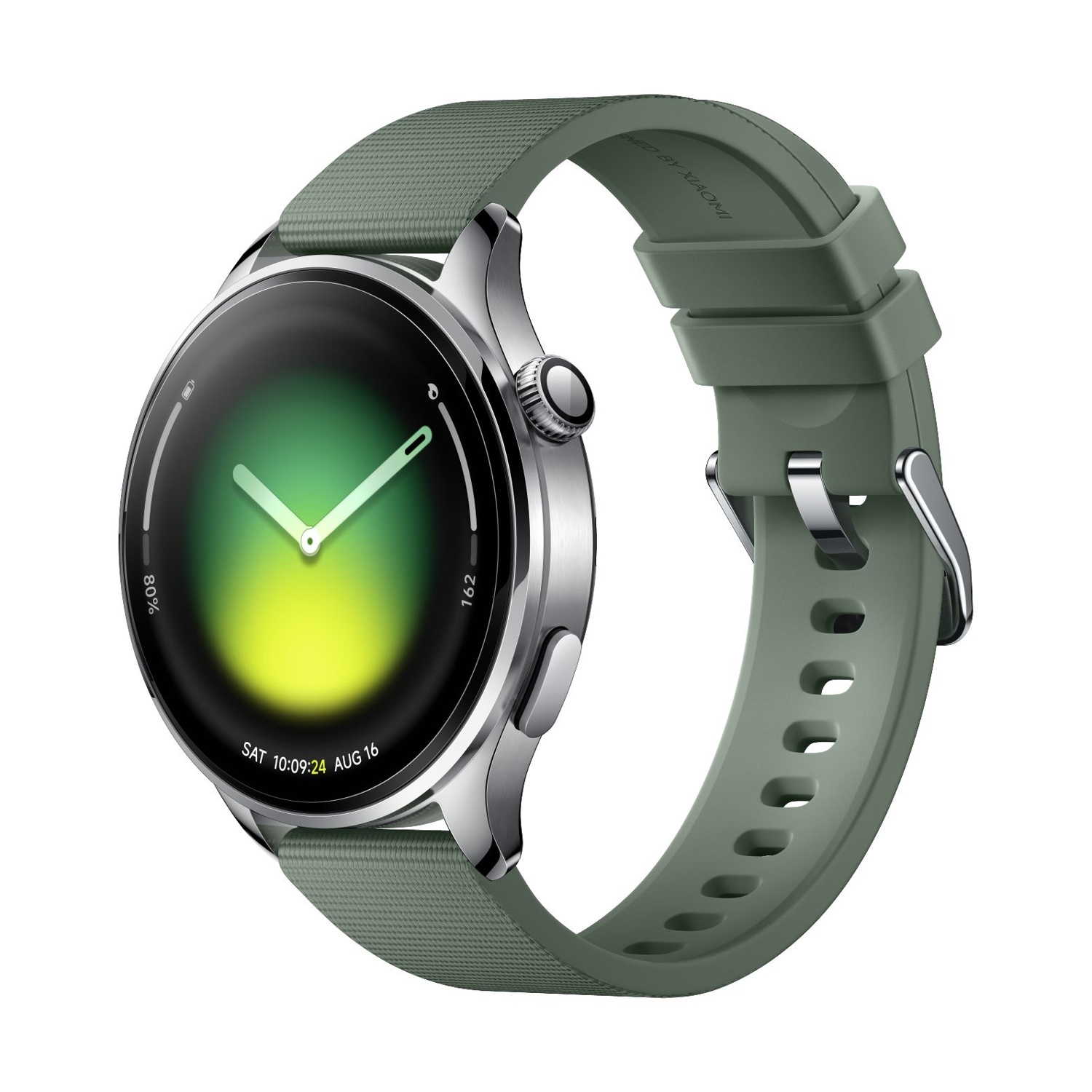 Uno smartwatch verde con cassa argentata e display digitale.