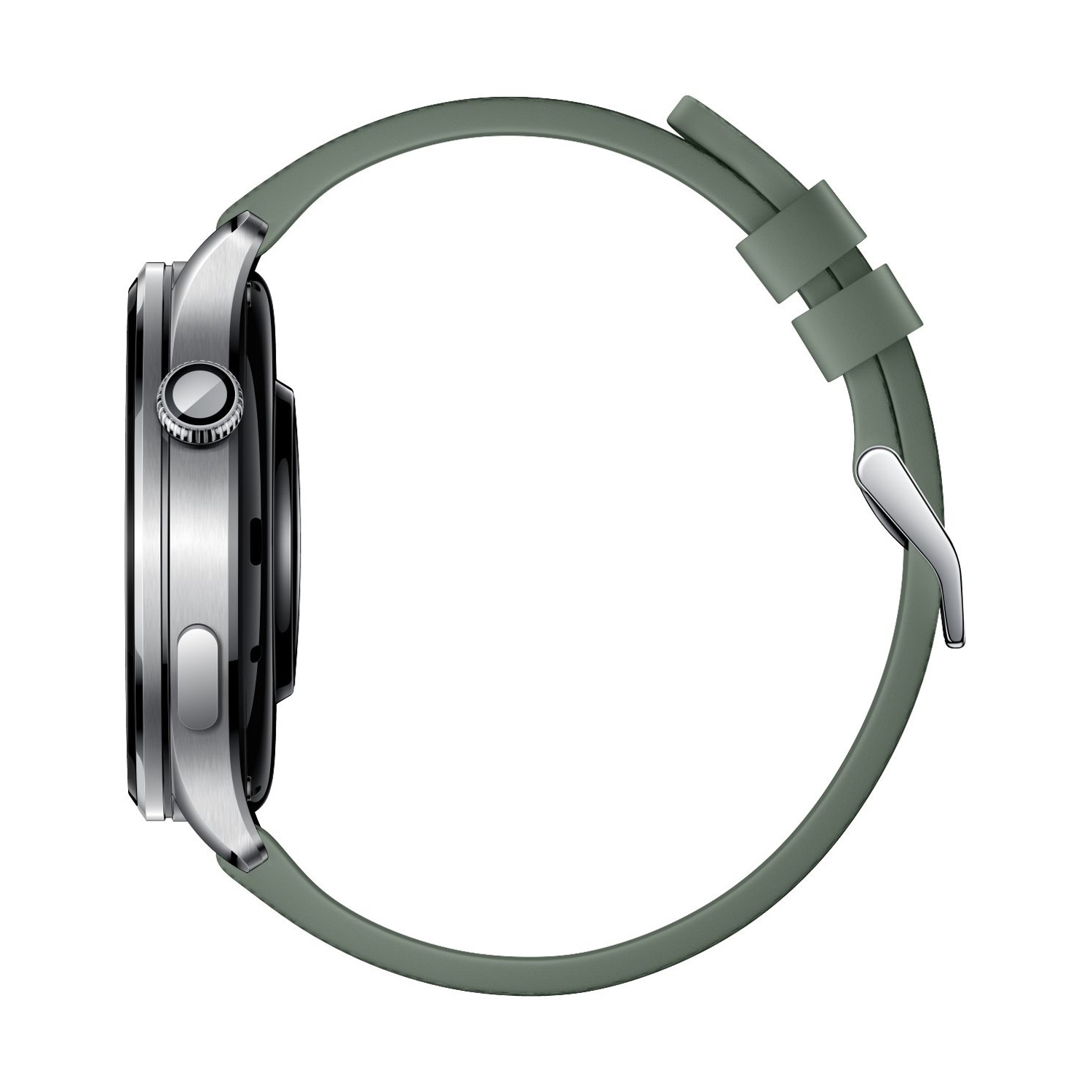 Uno smartwatch grigio con corpo argentato e cinturino verde su sfondo bianco.